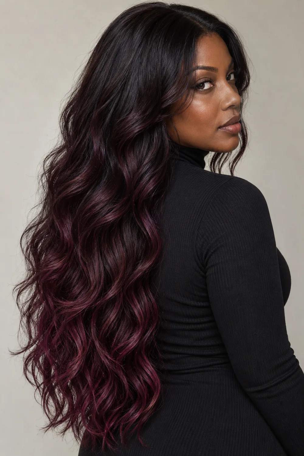A woman with very deep skin looks back over her shoulder, showing long burgundy-black waves with plum balayage through the lengths and ends.