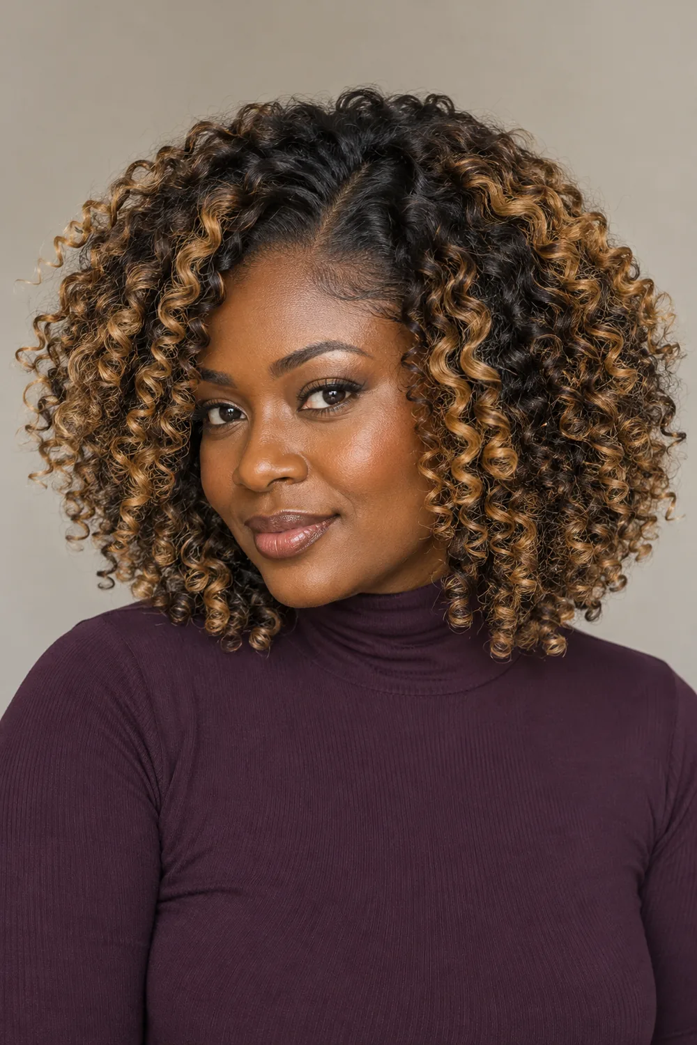 Adult woman with dark brown skin and shoulder length coily curls, showing honey blonde highlights across the crown and curl ends against a deep brown base.