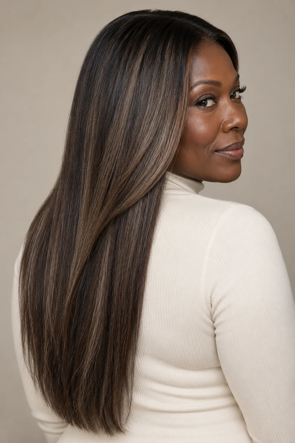 A woman with deep skin looks over her shoulder, showing long straight dark brown hair with cool ash-brown ribbons and an ivory high-neck top.