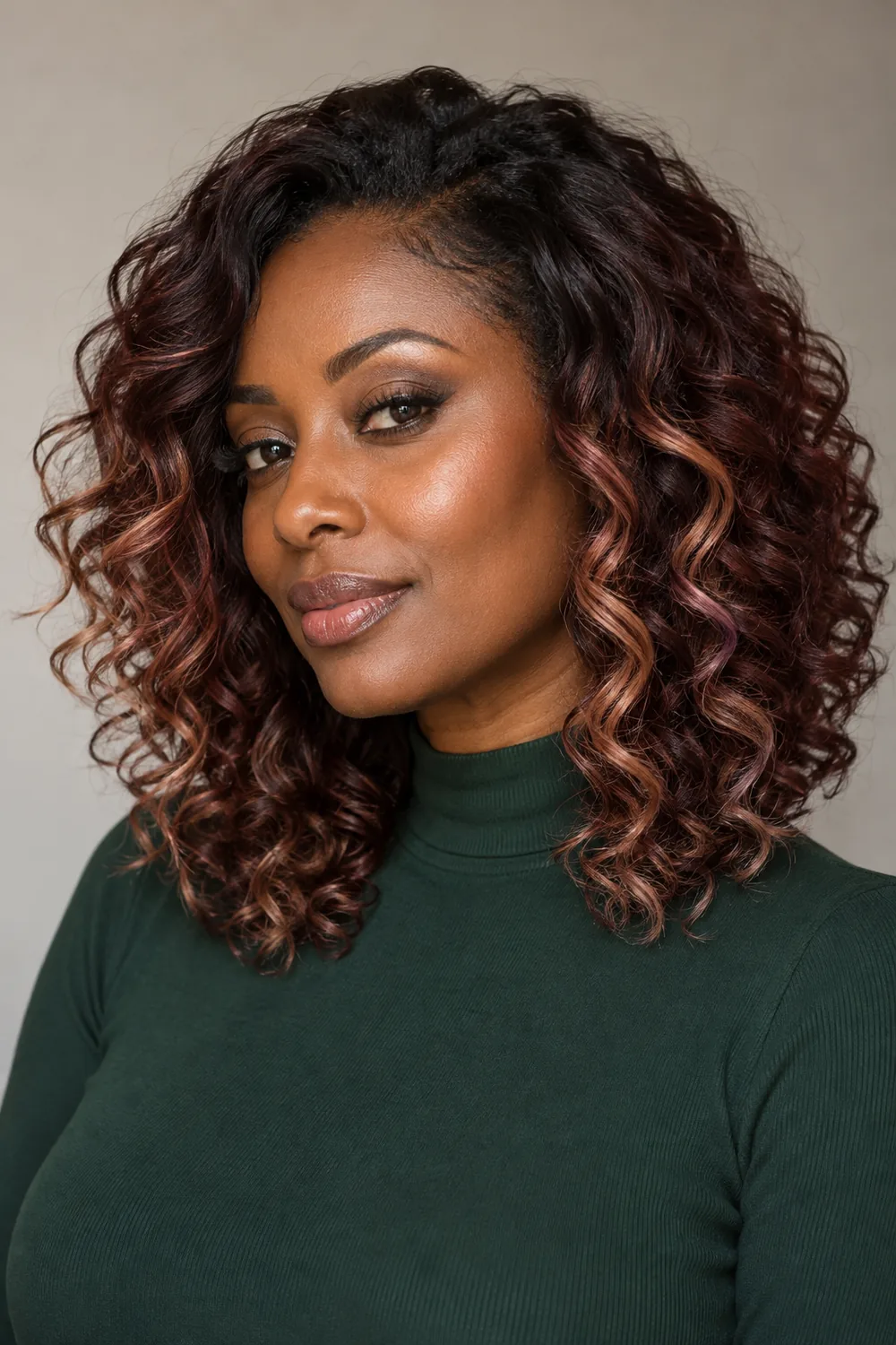 Adult woman with dark skin and shoulder-length dark auburn curls, with rose-gold highlights framing her face and running through the ends; wearing a forest-green high-neck top.