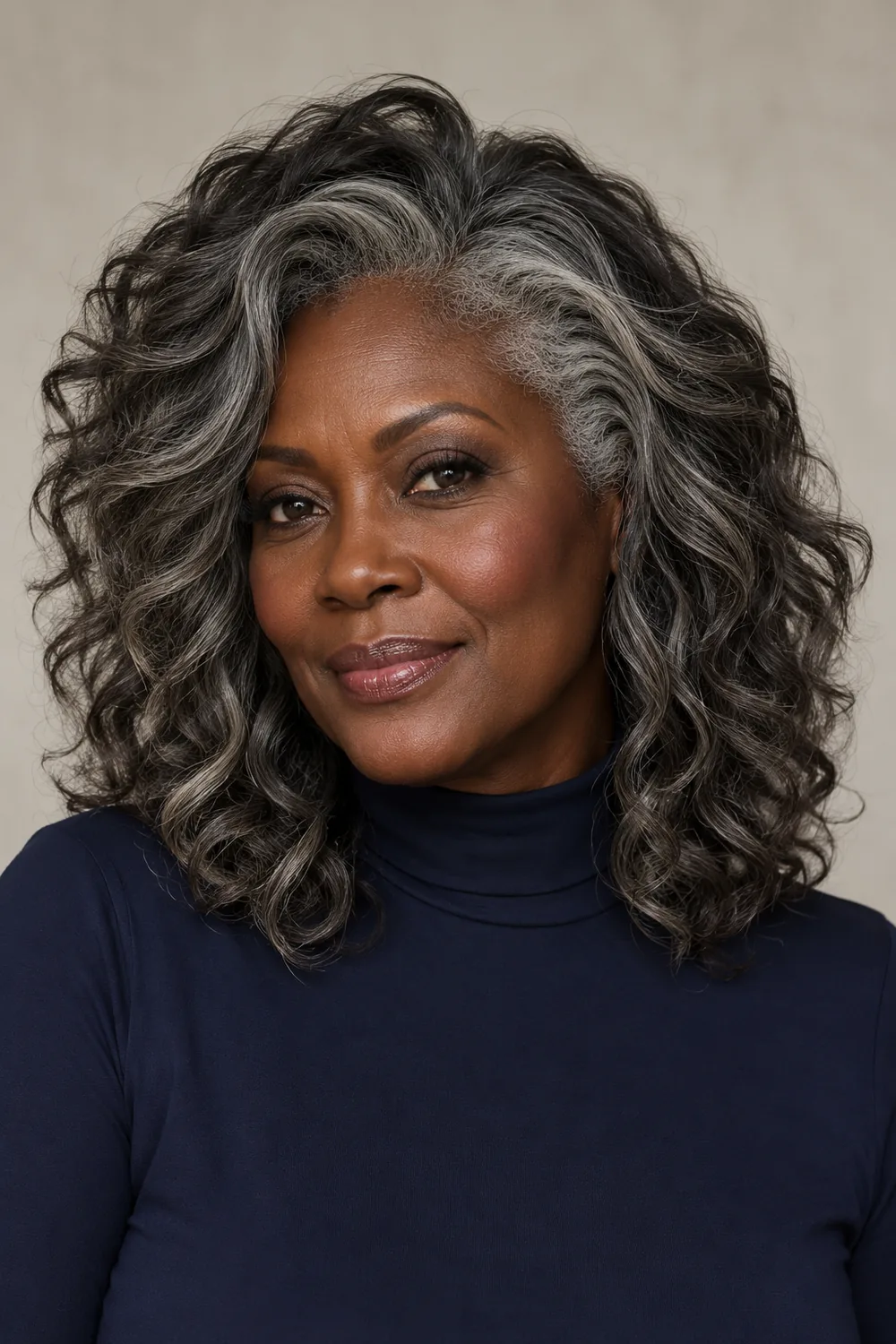 A mature Black woman with very deep skin wears shoulder-length charcoal waves with silver-gray strands concentrated around the temples and scattered through the lengths.