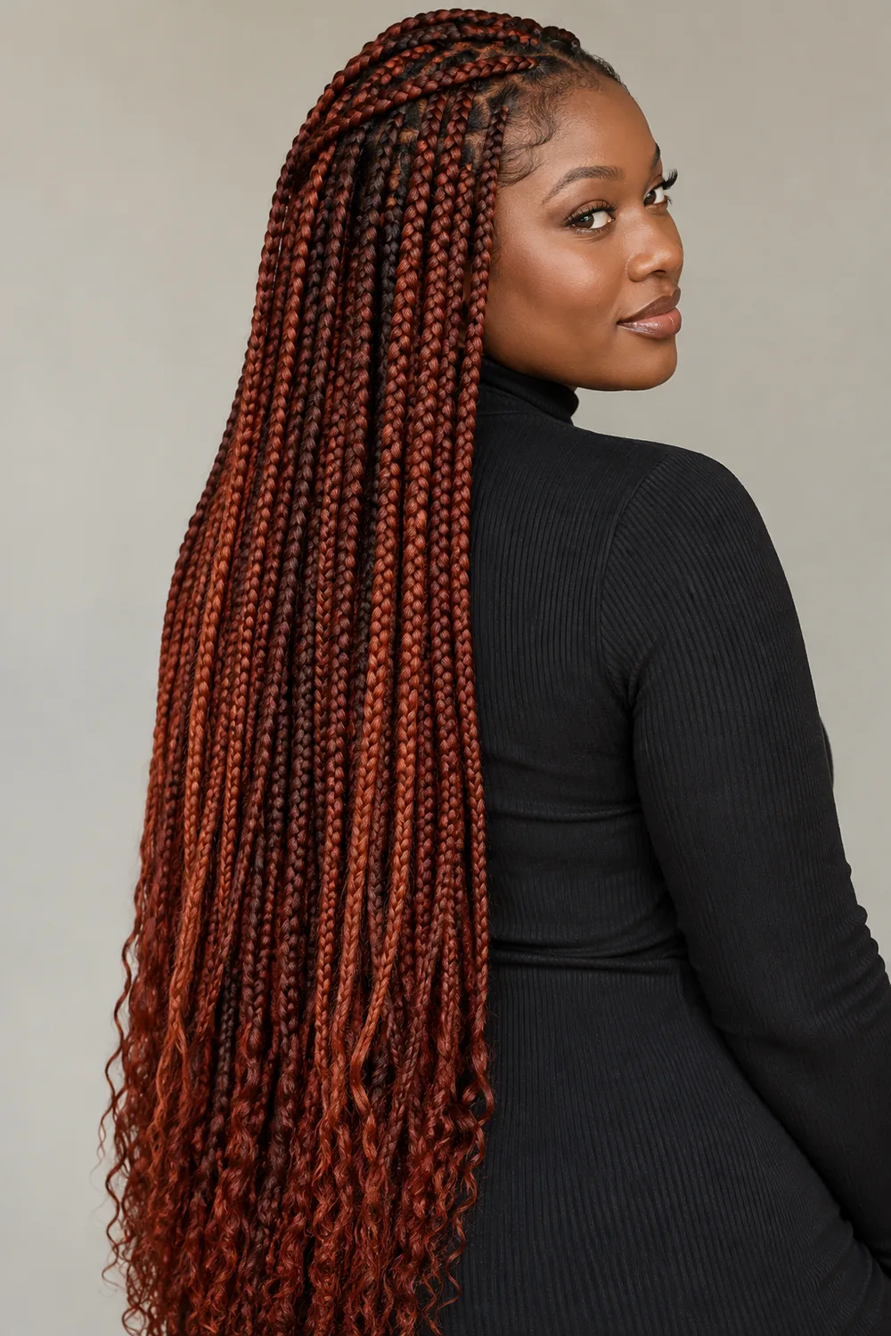 A woman with deep warm-toned skin wears waist-length auburn box braids with dark mahogany lowlights, styled over a black high-neck top.