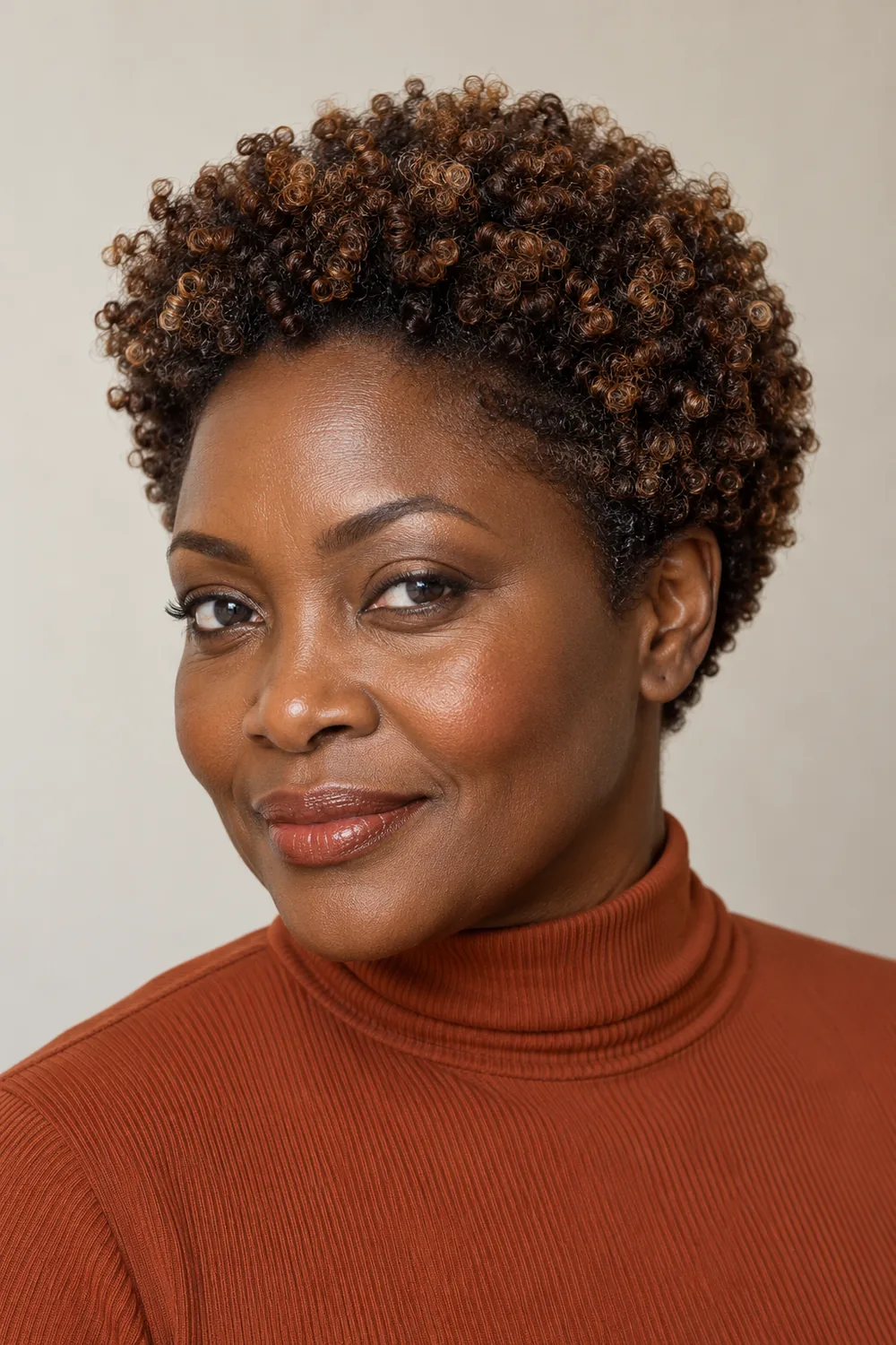 A woman with deep skin wears short, rounded natural curls, dark brown at the roots with fine chestnut highlights across the crown and outer curls. She wears a rust high-neck top against a light neutral background.