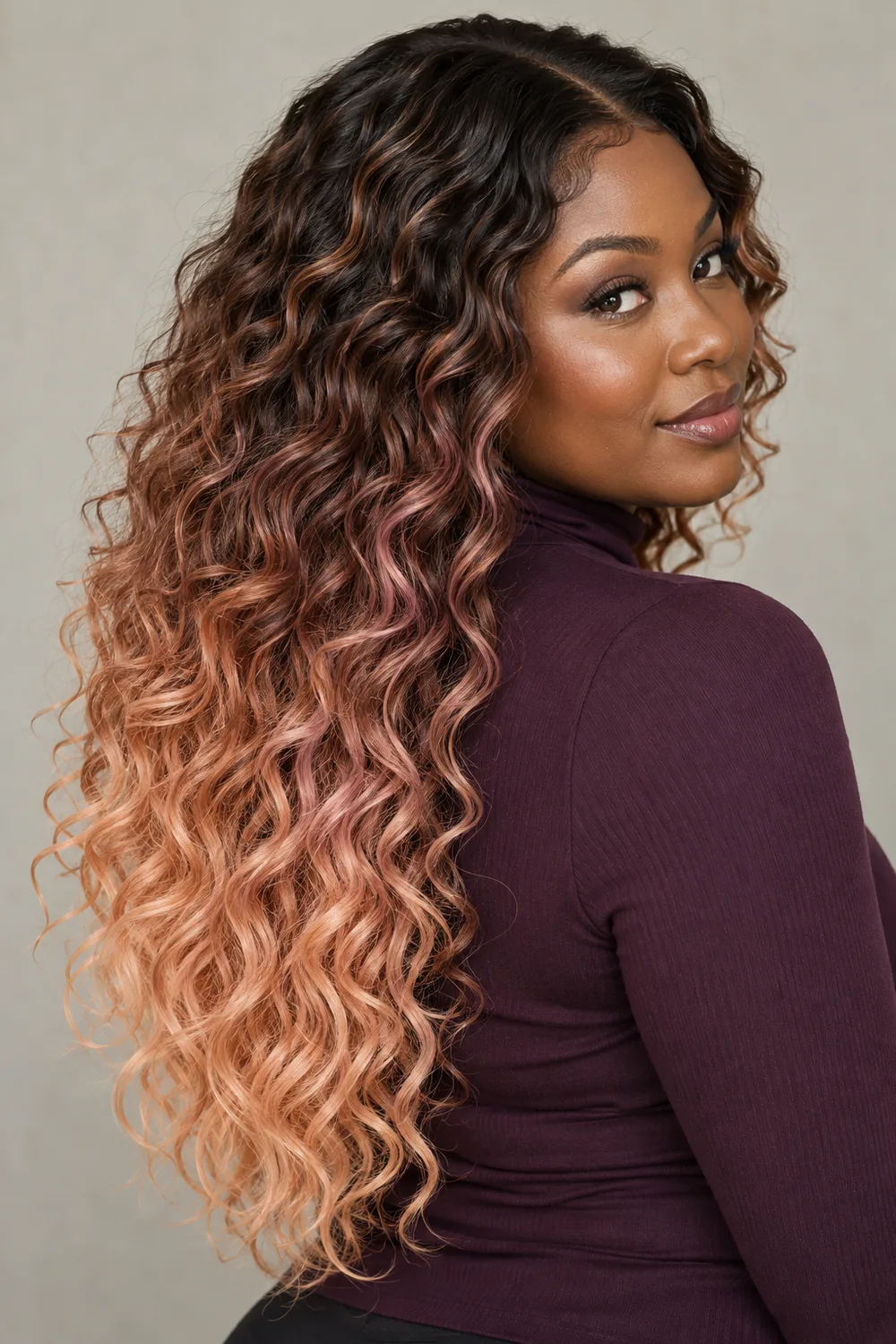 A dark-skinned woman in a plum high-neck top looks back toward the camera, showing long curls that melt from deep brown roots through rose-brown to peach-apricot ends.