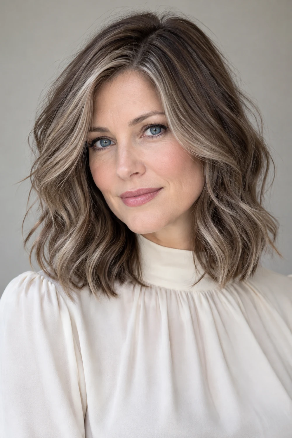 Adult woman with fair skin and blue eyes wearing a loose wavy mushroom brown lob with ash-taupe highlights framing her face.