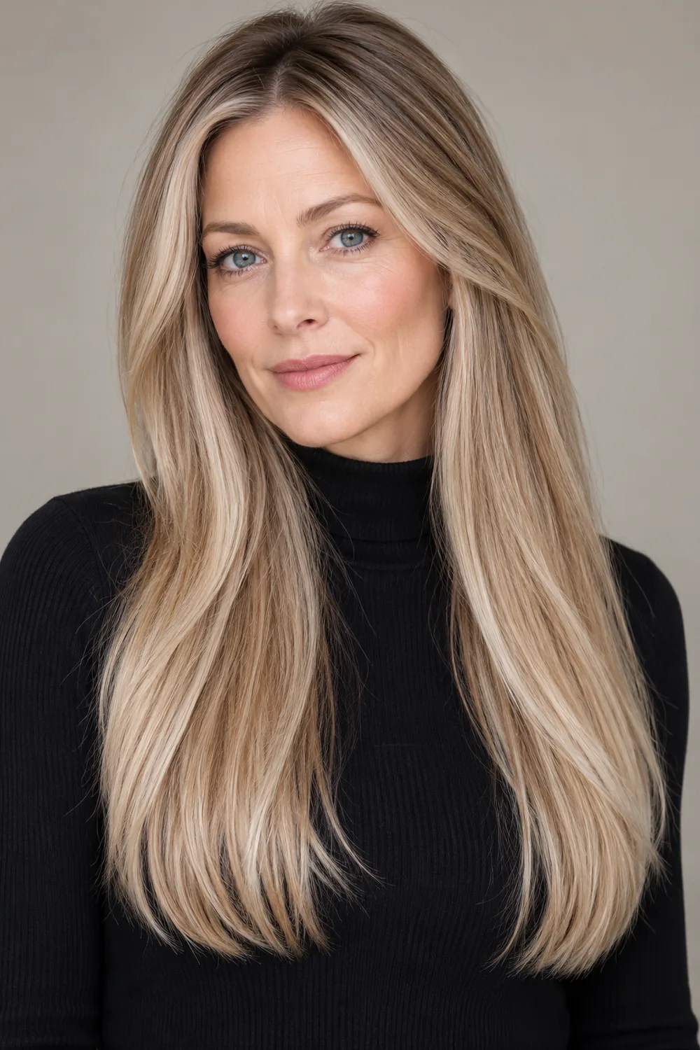 Fictional adult woman with fair skin and blue eyes, wearing a black high-neck top, with long straight beige blonde hair, a deeper root shadow, fine highlights, and lighter face-framing strands.