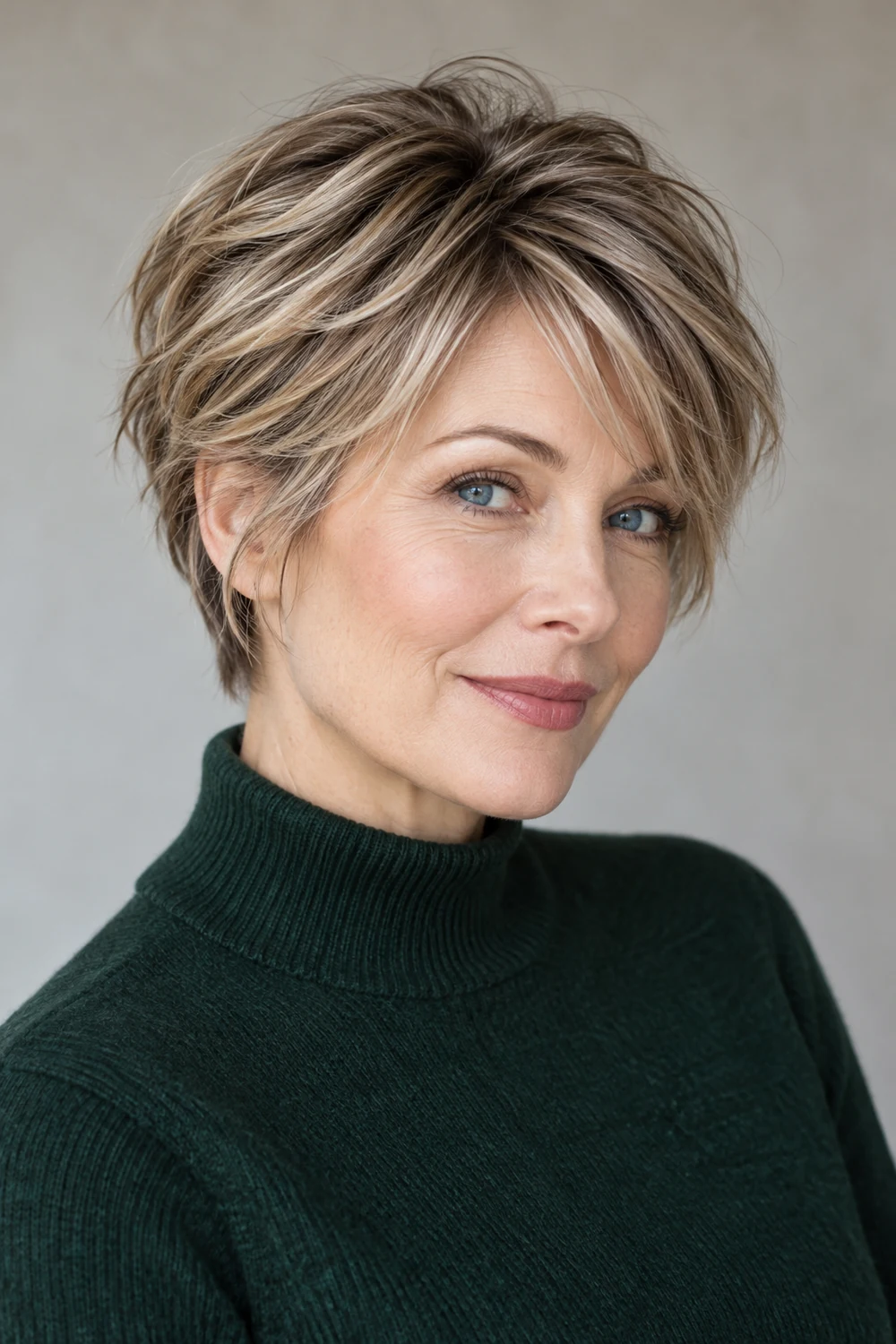 Fictional adult woman with fair skin and blue eyes wearing a textured long pixie with smoky ash blonde highlights, deeper dark blonde roots, and cool blended tips.