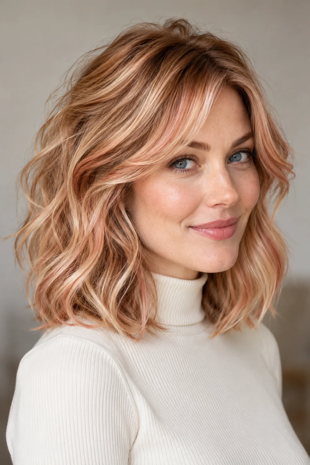 Fictional adult woman with fair skin and blue eyes, wearing a shoulder-length wavy golden strawberry blonde shag with rose-copper highlights and curtain fringe.