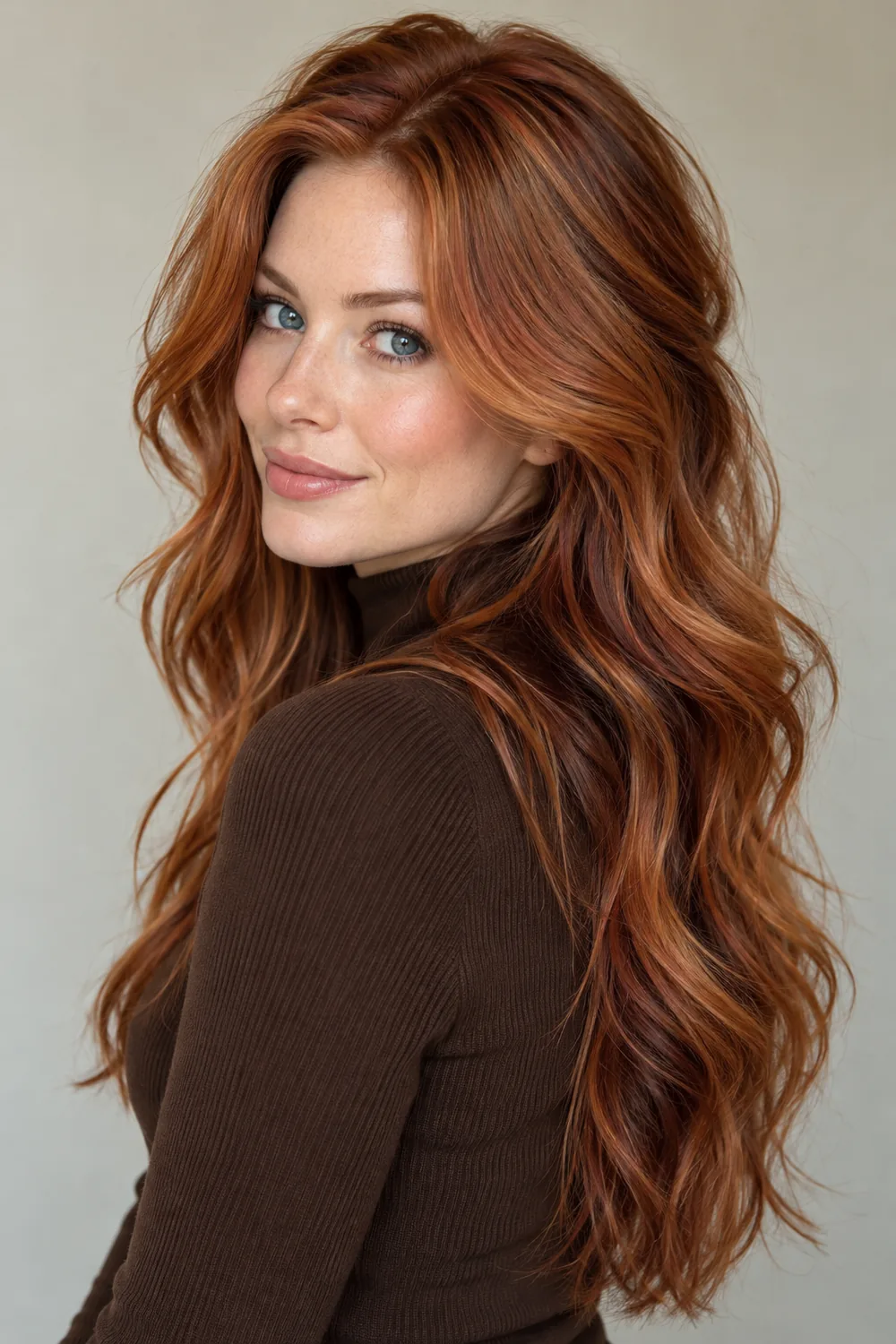 Fictional adult woman with fair skin and visible blue eyes, wearing a deep brown high-neck top, with long copper waves and deeper auburn lowlights.