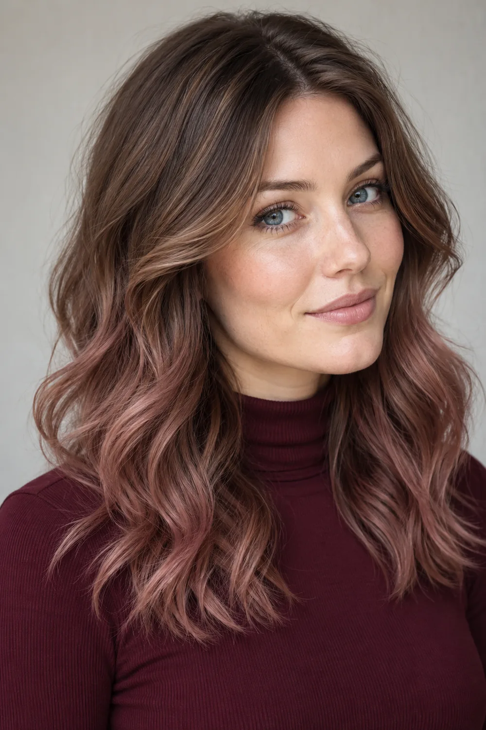 Fictional adult woman with fair skin and blue eyes wearing a burgundy high-neck top, with long brunette waves and muted rose balayage through the lower lengths.