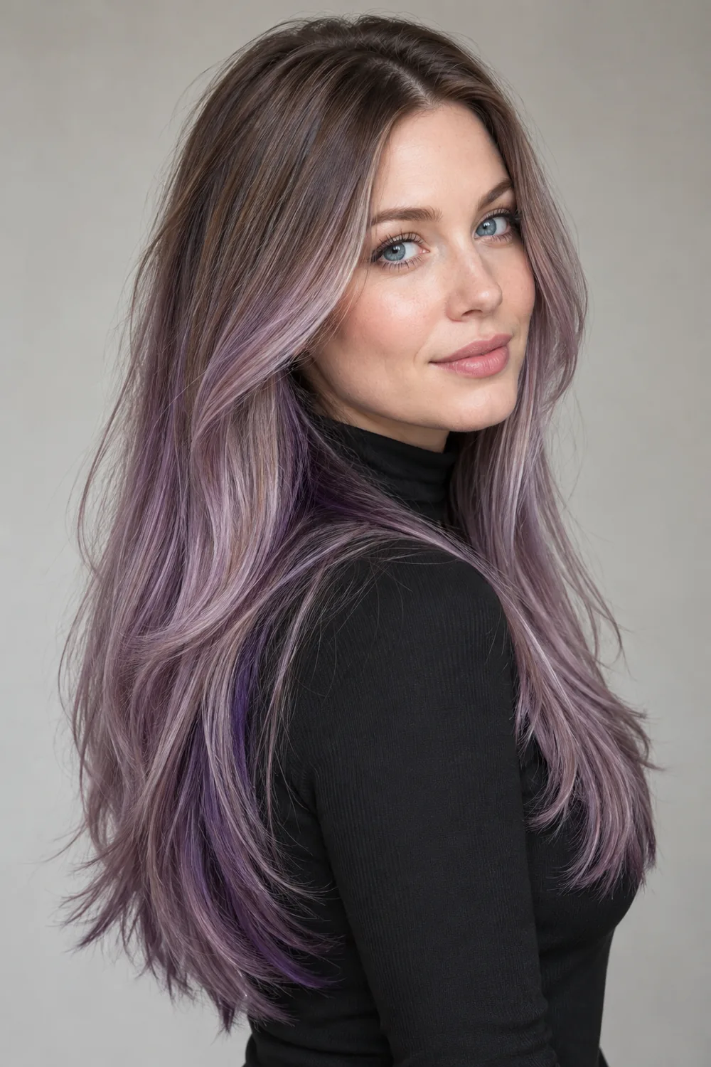 Fictional adult woman with fair skin and blue eyes, wearing long layered muted lavender hair with cool brown roots and deeper violet lowlights.
