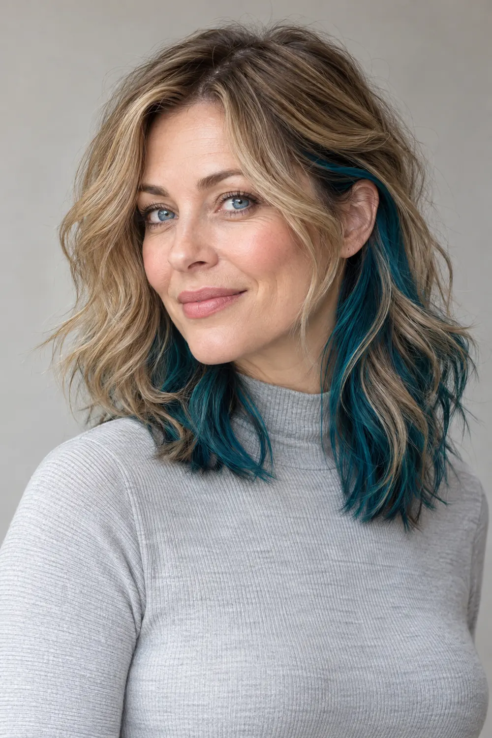 Fictional adult woman with fair skin and blue eyes wearing a dark blonde collarbone shag with deep teal panels tucked behind the ear and through the lower layers.