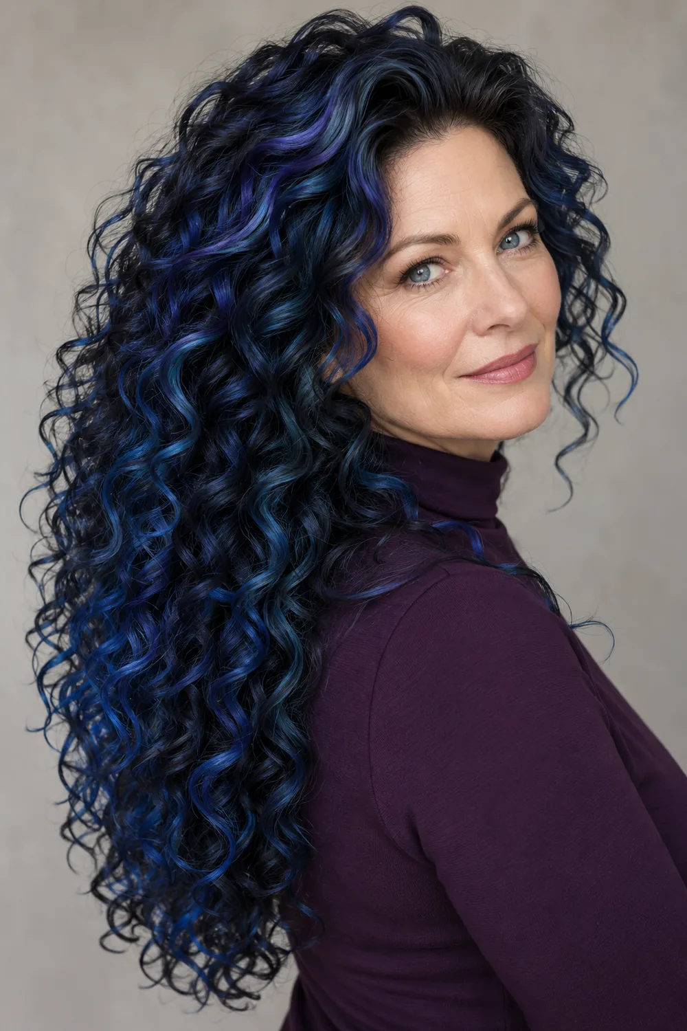 Fictional adult woman with fair skin and blue eyes, wearing a plum high-neck top and long coiled midnight blue hair with indigo ribbons.