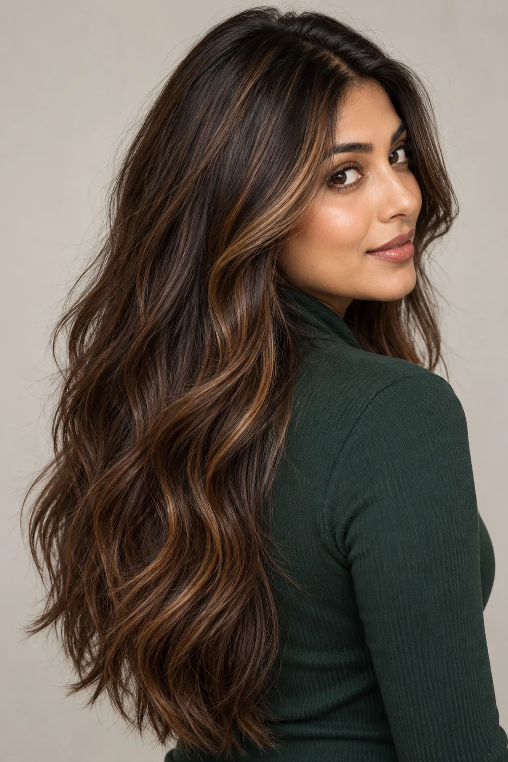 A South Asian woman with medium olive skin looks over her shoulder, showing long, loose espresso brunette waves with fine caramel ribbons around her face and through the lengths.