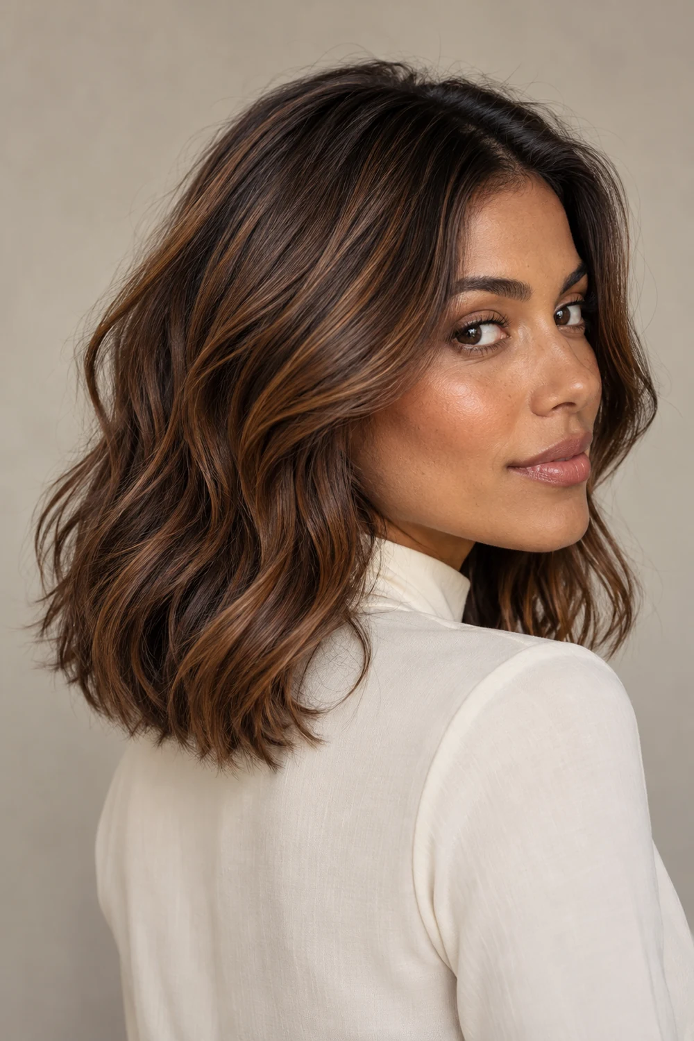 A woman with warm olive skin turns to show collarbone-length chestnut waves, subtle cinnamon tones, and a cream high-neck blouse.