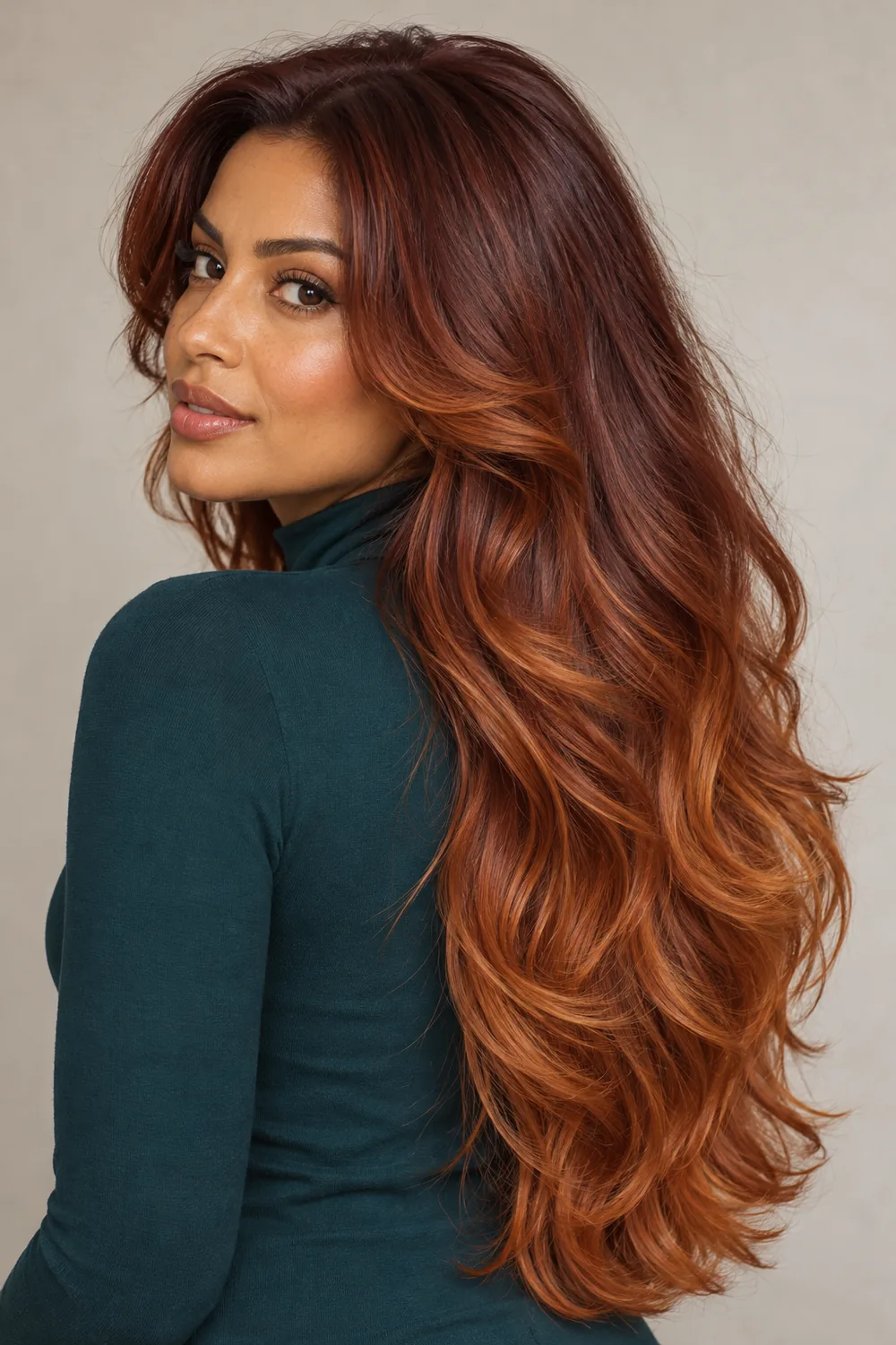 A woman with medium-deep olive skin wears long, layered waves fading from deep auburn roots to copper mids and apricot-copper ends.
