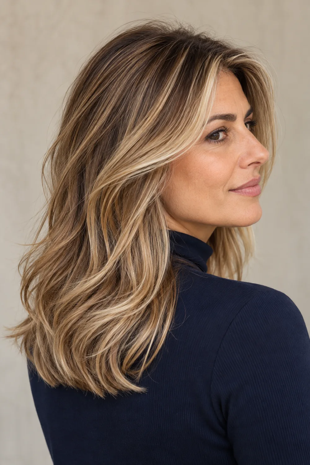 A woman in profile with long, layered golden beige blonde hair, a medium-brown shadow root, and fine face-framing highlights.