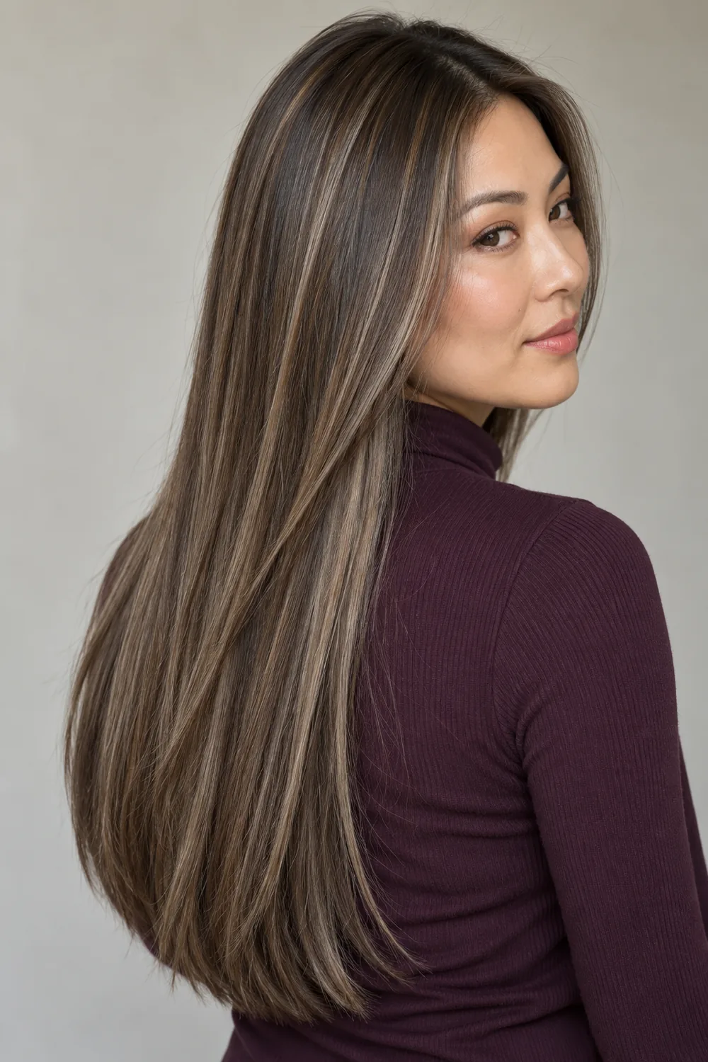 A woman with long, sleek medium-dark brown hair threaded with fine cool ash blonde babylights, shown in a three-quarter rear view against a neutral background.
