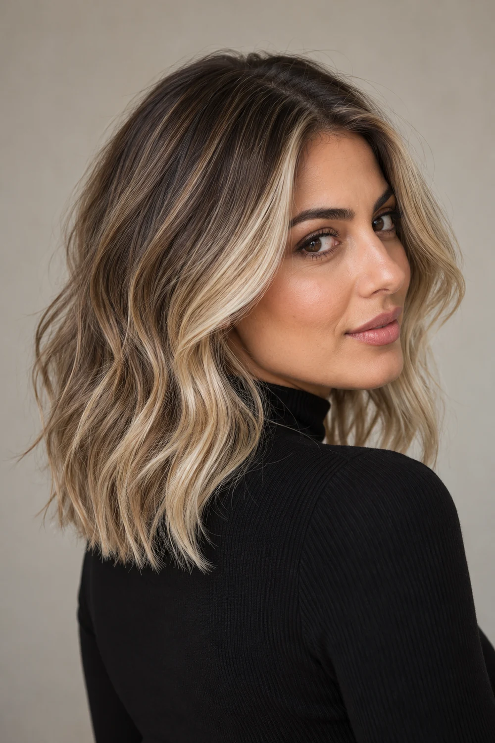 A woman with medium olive skin wears layered, wavy beige blonde hair with softly blended brown roots, bright face-framing panels, and finer highlights through the back.