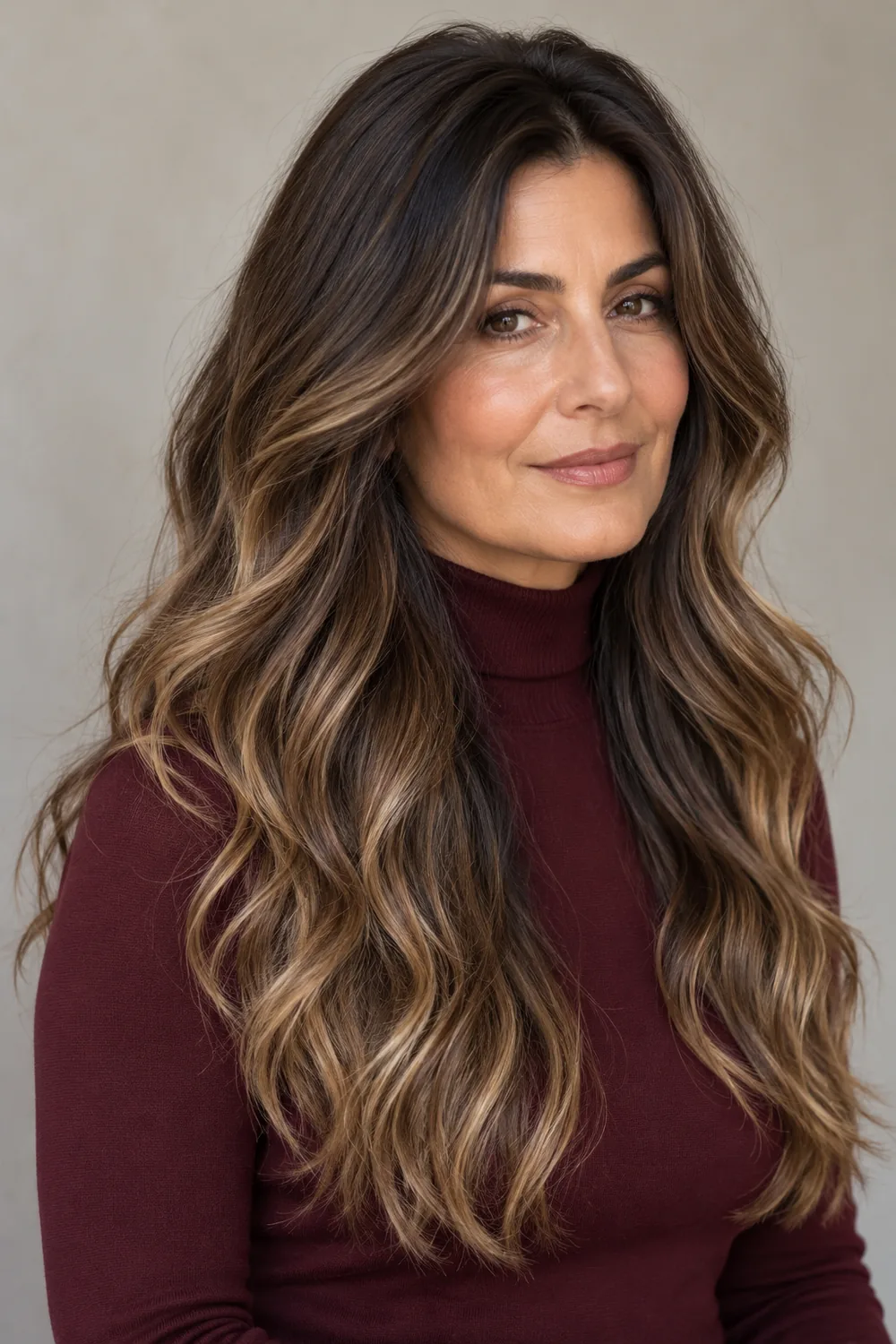 A fictional adult woman with medium olive skin and long, loose brunette waves featuring broad diagonal bronde balayage from the mid-lengths to the ends, wearing a burgundy high-neck top.