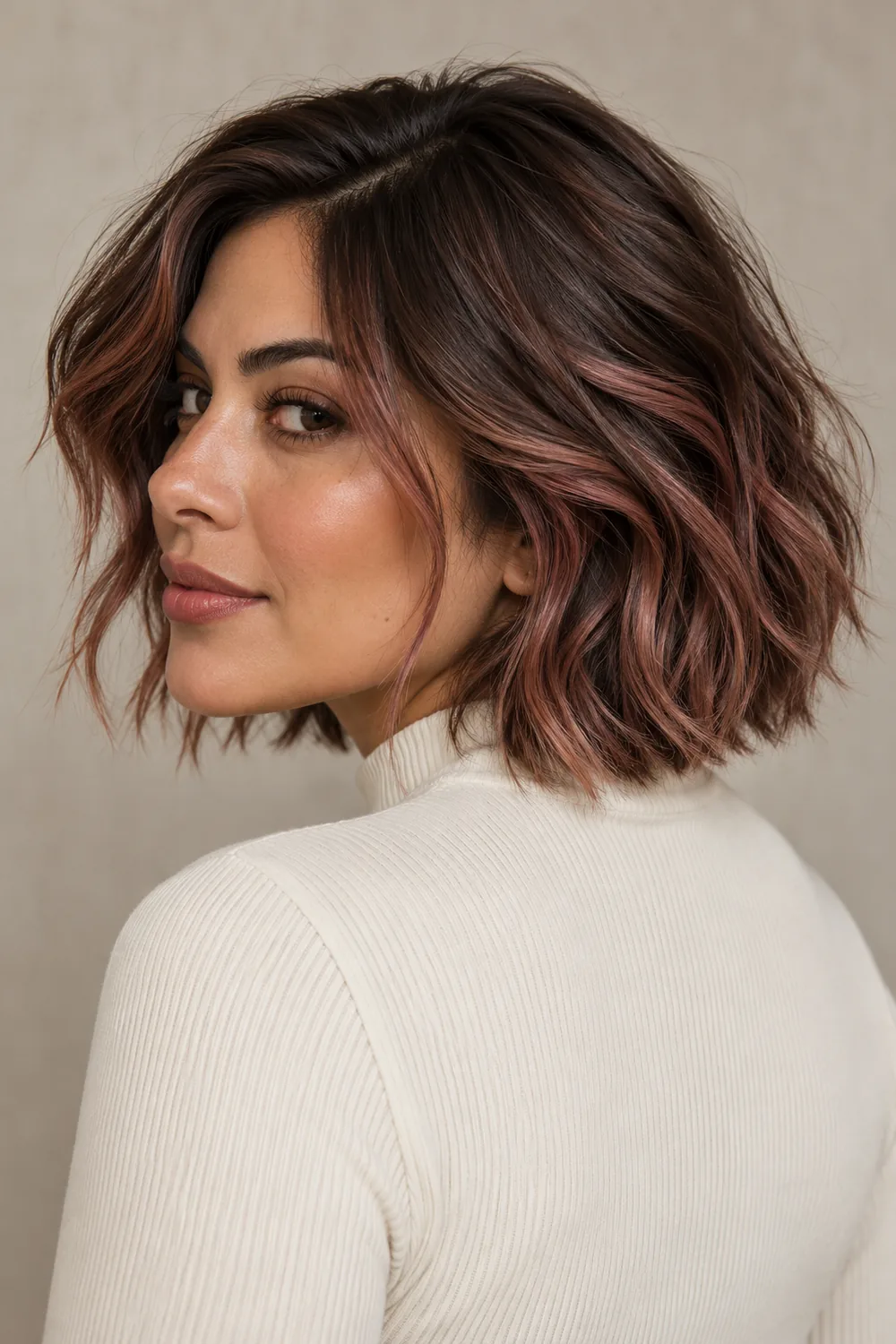 A woman with warm medium olive skin wears a tousled brunette bob with muted dusty rose-brown ribbons through the outer layers and face-framing pieces, against a neutral background.