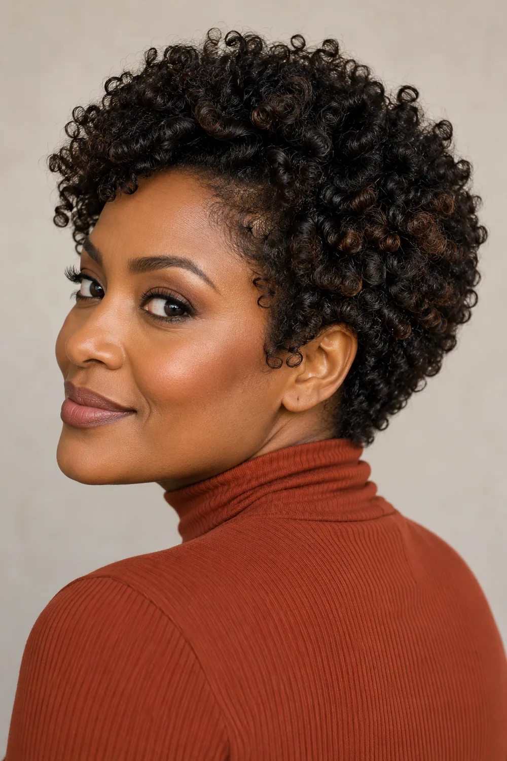 Adult woman in a rust high-neck top, shown from a rear three-quarter angle with a short rounded cut of tight soft-black coils and subtle espresso-brown variation.