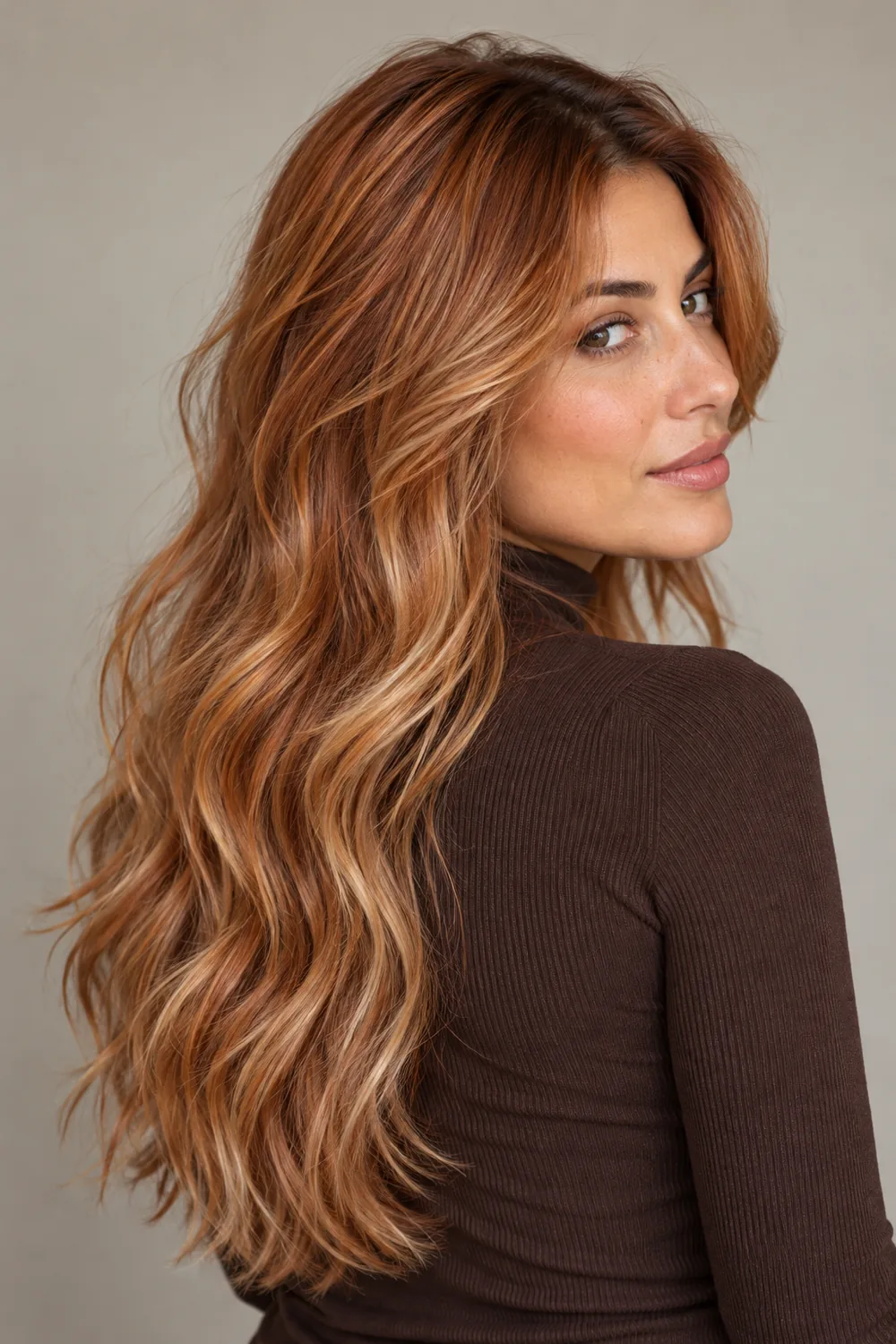 Adult woman with light olive skin and long loose waves blending medium copper roots into strawberry blonde lengths with fine golden strands, shown in a three-quarter portrait.