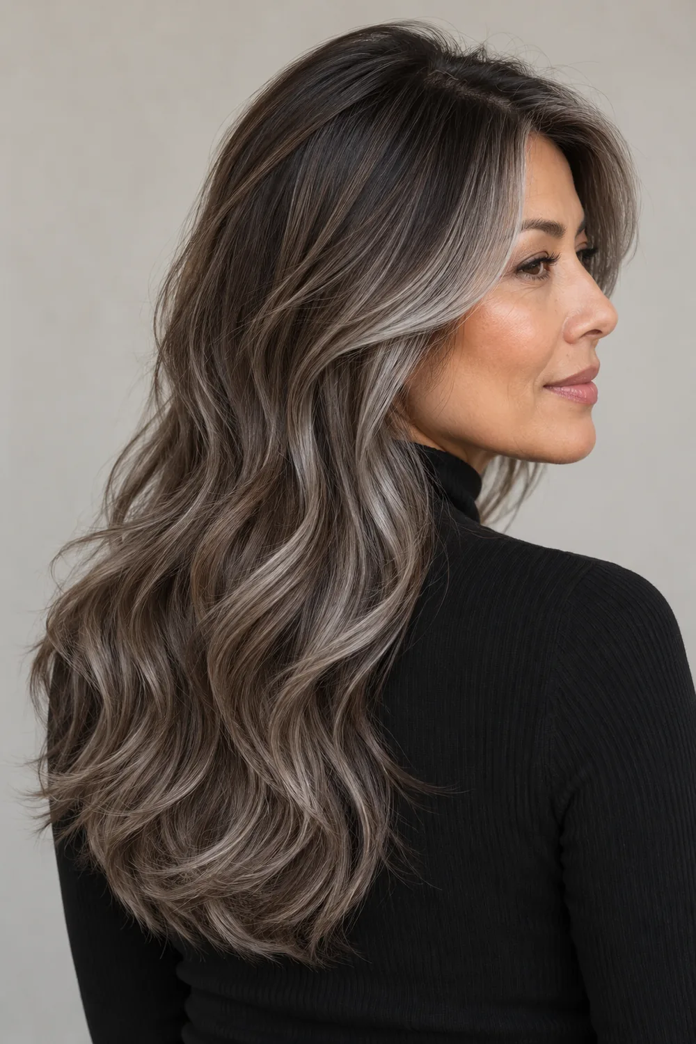 Long, softly waved silver-brown hair with deep charcoal roots, smoky pewter face-framing pieces, and silver-brown ends, shown in profile on an adult woman with light-medium olive skin.