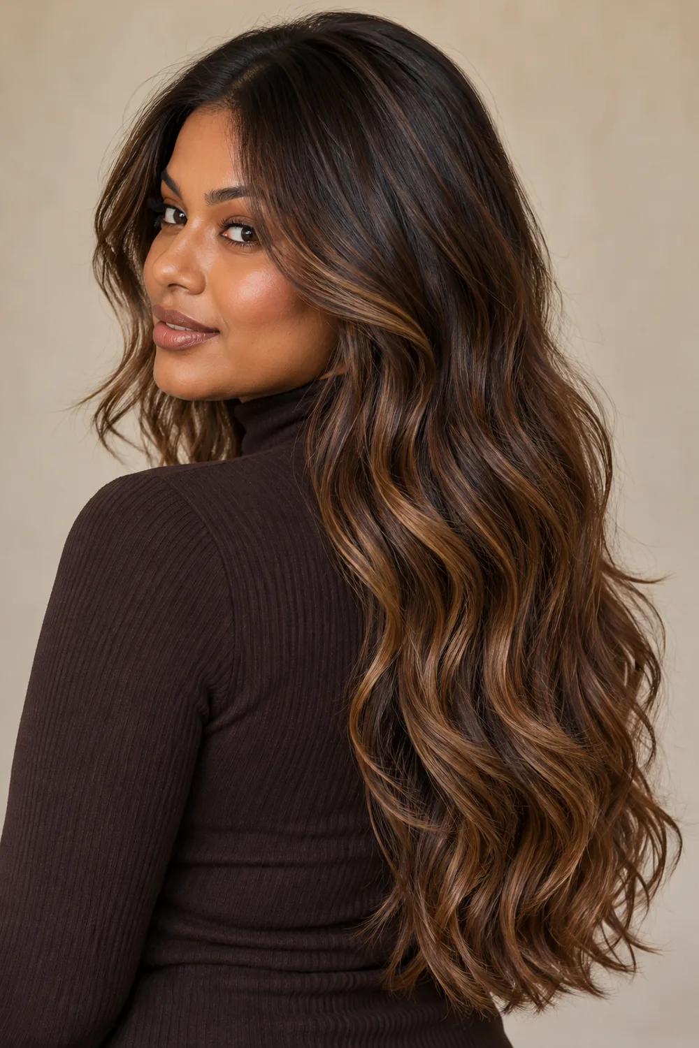 A woman with warm medium-deep skin wears long, loose chestnut brunette waves with caramel highlights through the lengths and ends.