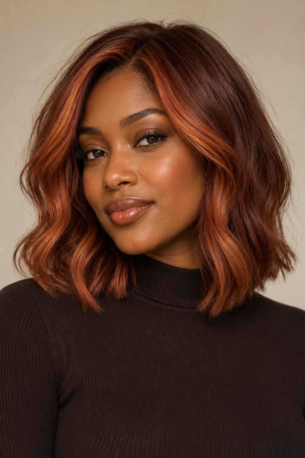 A woman with warm brown skin wears a collarbone-length auburn lob with copper panels framing her face and flowing through the front lengths.