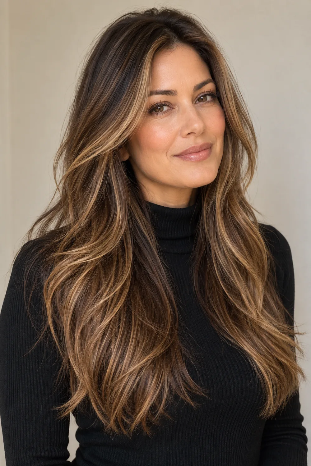 An adult woman with long, layered dark cocoa brown hair and fine honey blonde highlights, brighter around the face and ends, against a neutral backdrop.