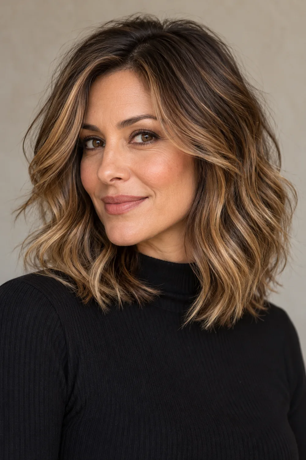 A woman with shoulder-length loose waves, dark brown roots, beige-gold highlights, and warm bronde lengths, shown against a neutral background.