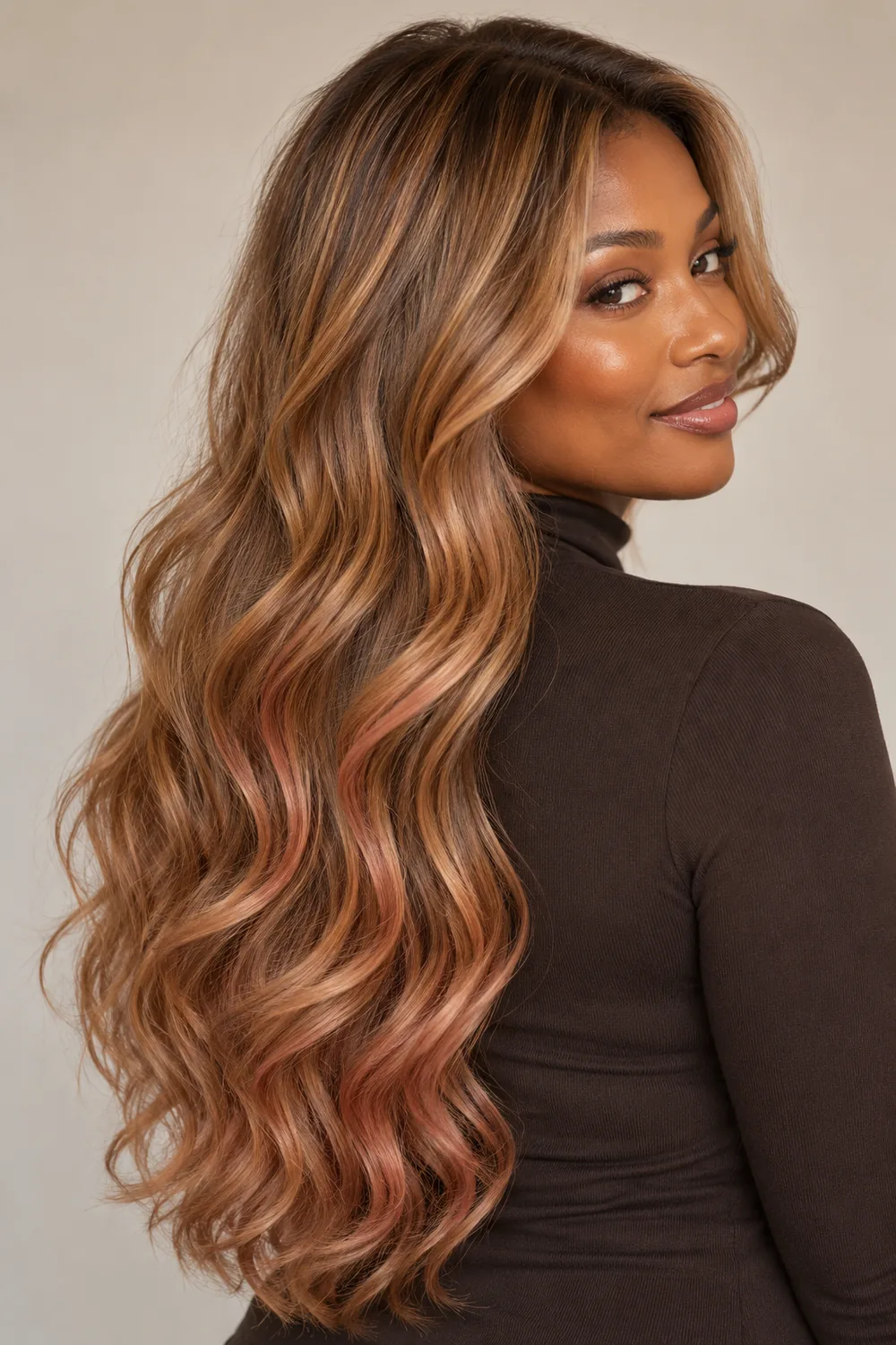 A woman with deep warm umber skin wears long S-shaped dark blonde waves with rose-gold and copper highlights concentrated through the lengths and ends.