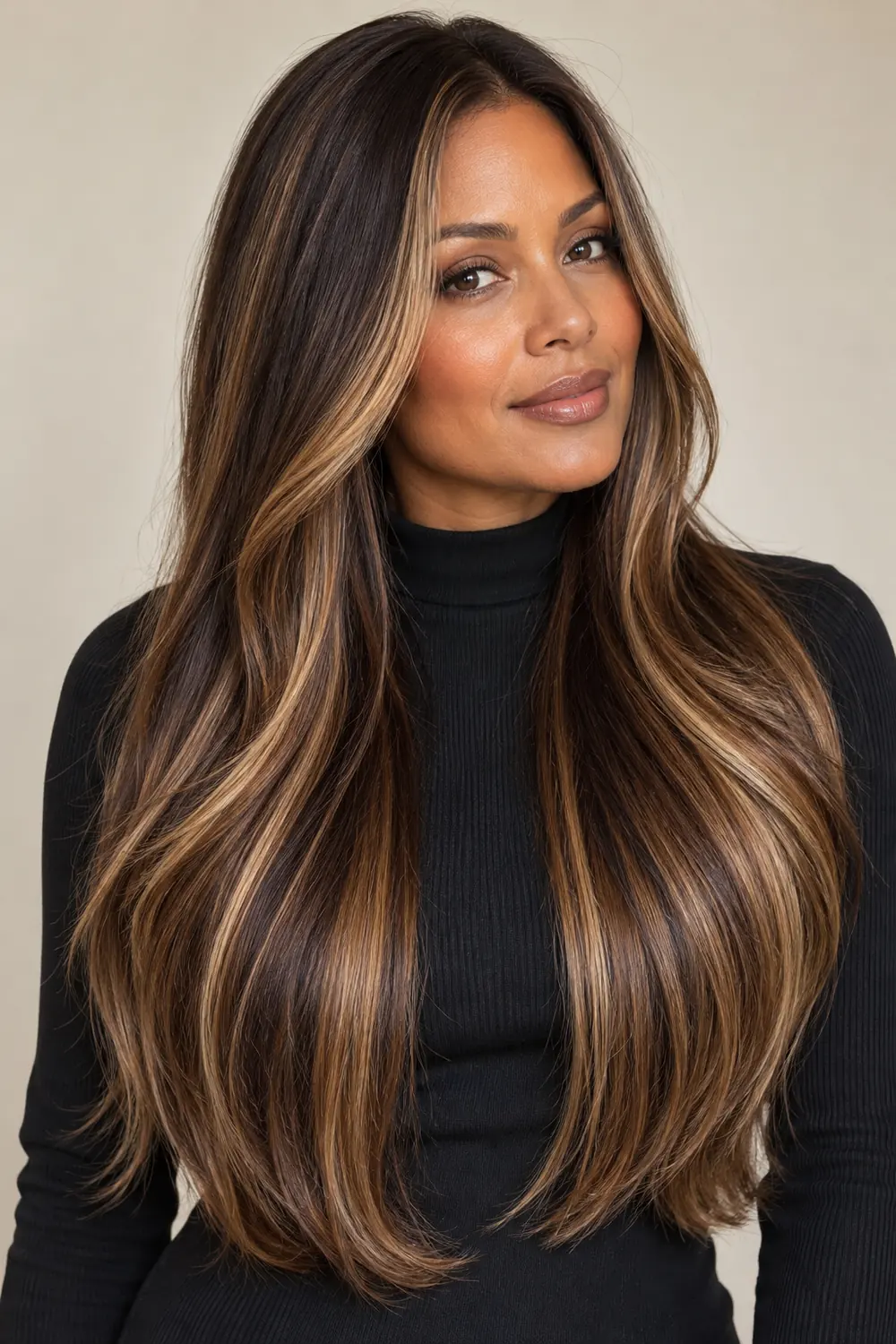 Adult woman with medium-deep warm bronze skin and long chocolate brown hair featuring broad toffee face-framing and vertical highlights, against a neutral background.