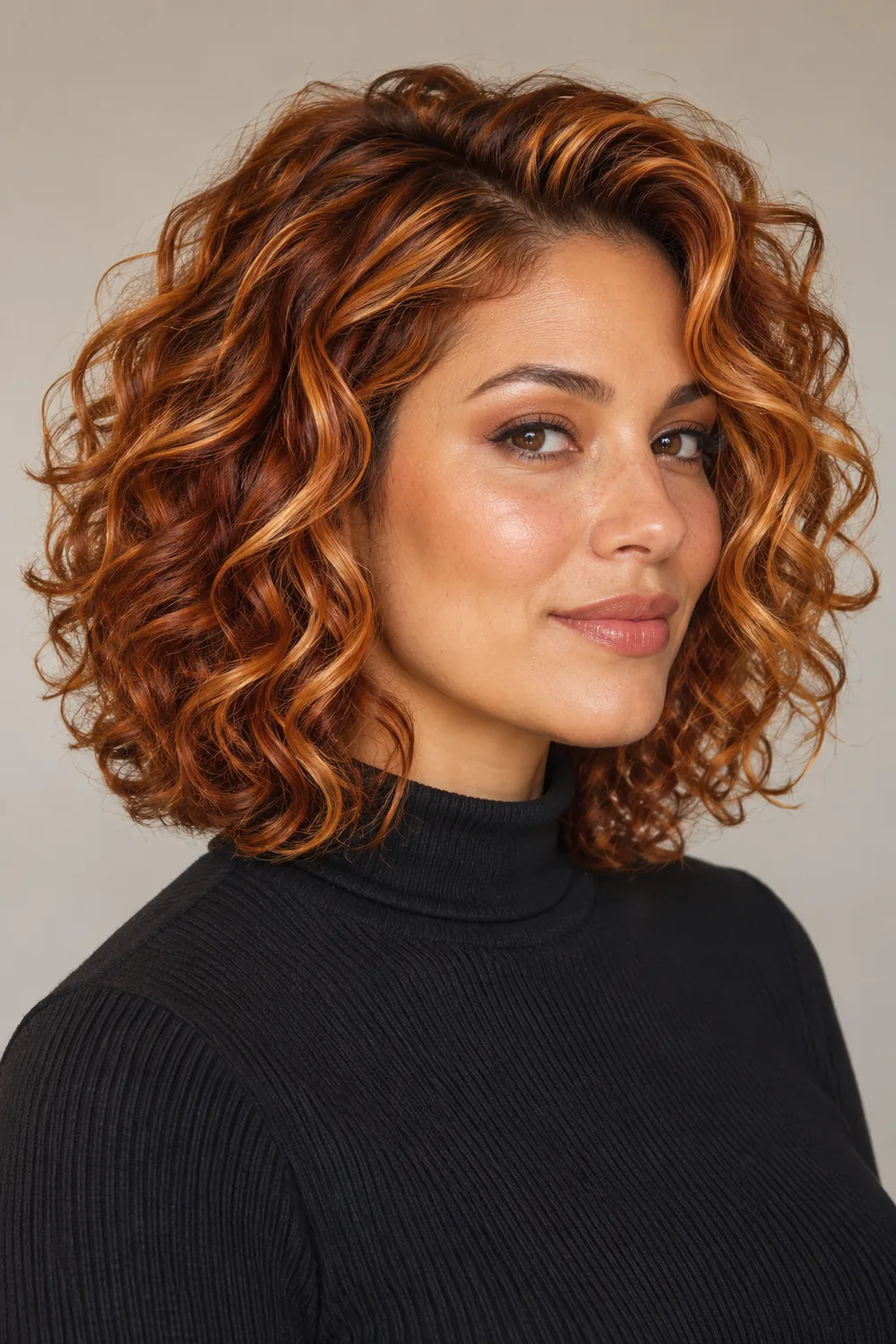 Adult woman with shoulder-length layered curls in copper blonde, with auburn lowlights defining the coils, against a neutral background.