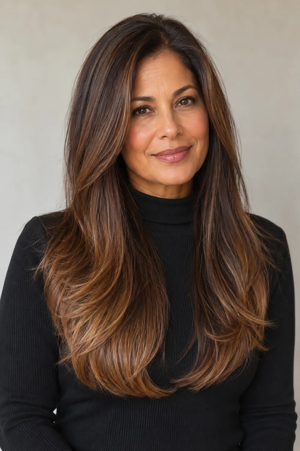 Fictional adult woman with long layered chestnut brown hair and subtle amber ribbons concentrated toward the ends, wearing a black high-neck top.
