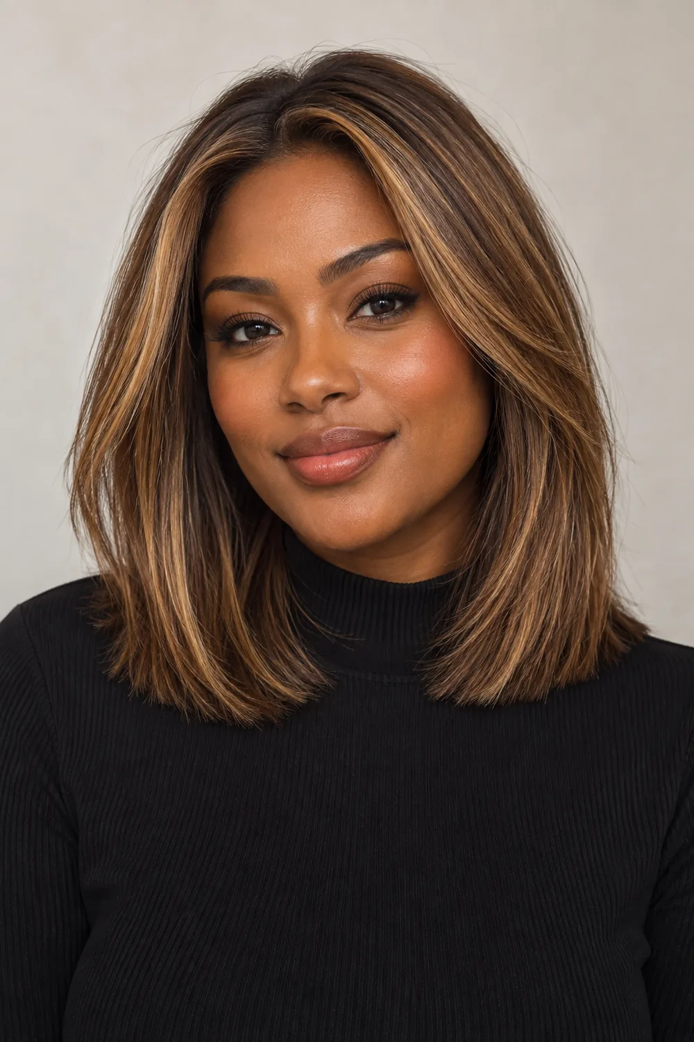 Fictional adult woman with deep warm sienna skin and shoulder-length golden brown hair, featuring fine caramel-gold highlights and brighter face-framing strands. She wears a black high-neck top against a light neutral background.