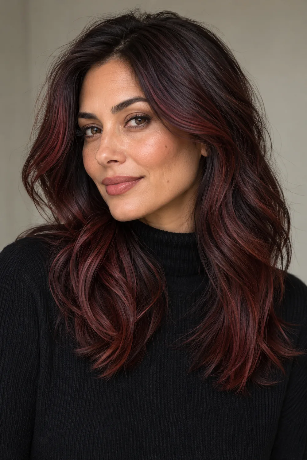 A woman with warm olive skin wears long, loose waves in deep plum-brown with mahogany-red tones through the face-framing strands and lower layers.