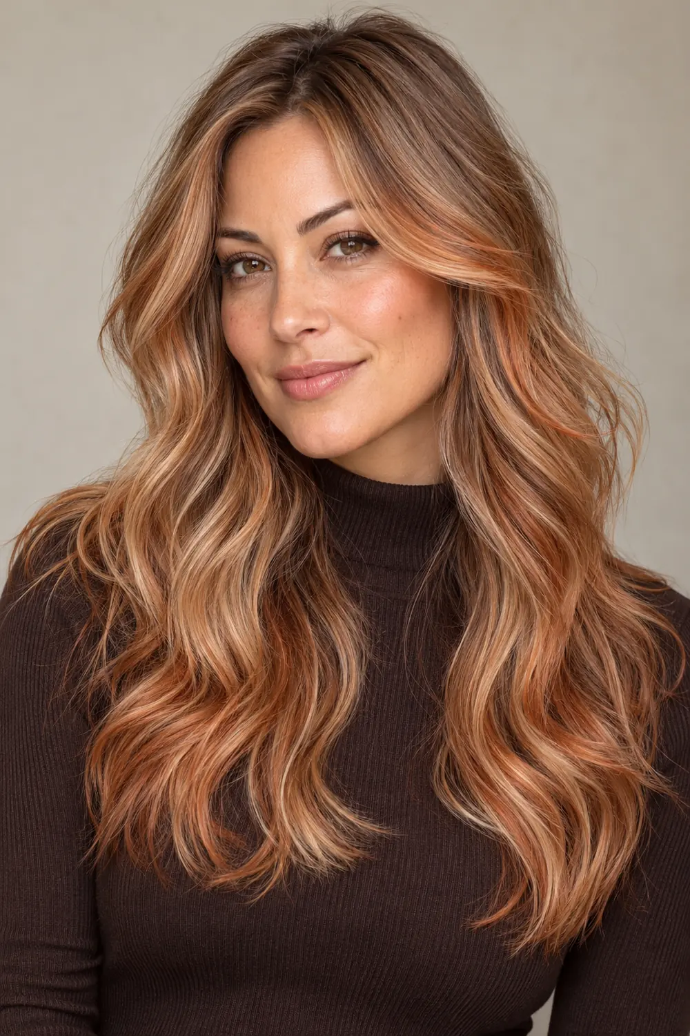 Adult woman with long wavy strawberry blonde hair, peachy gold lengths, fine copper accents, and a soft dark blonde root shadow.