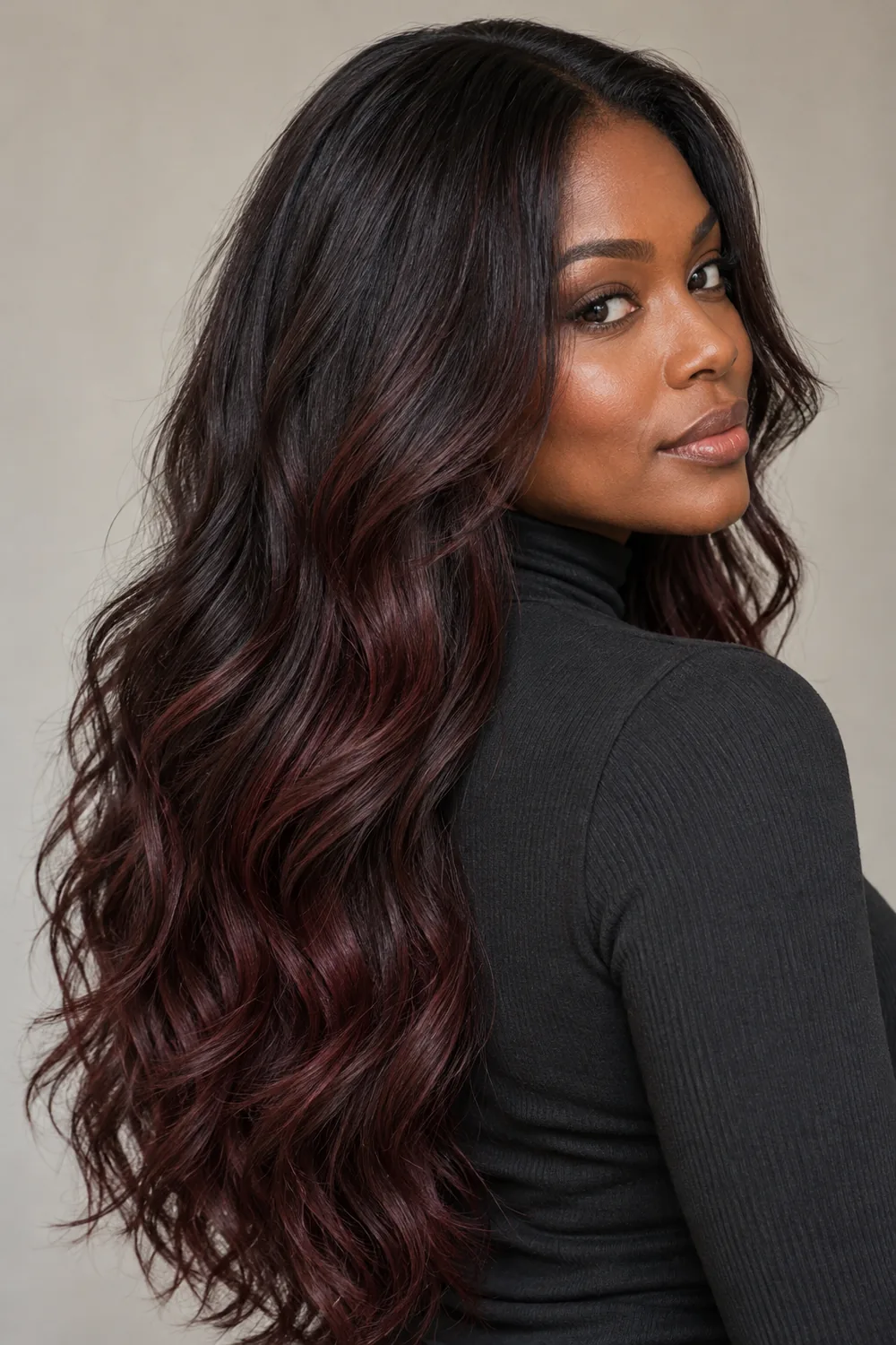 Long dark brunette waves with a subtle red-violet sheen through the lengths.