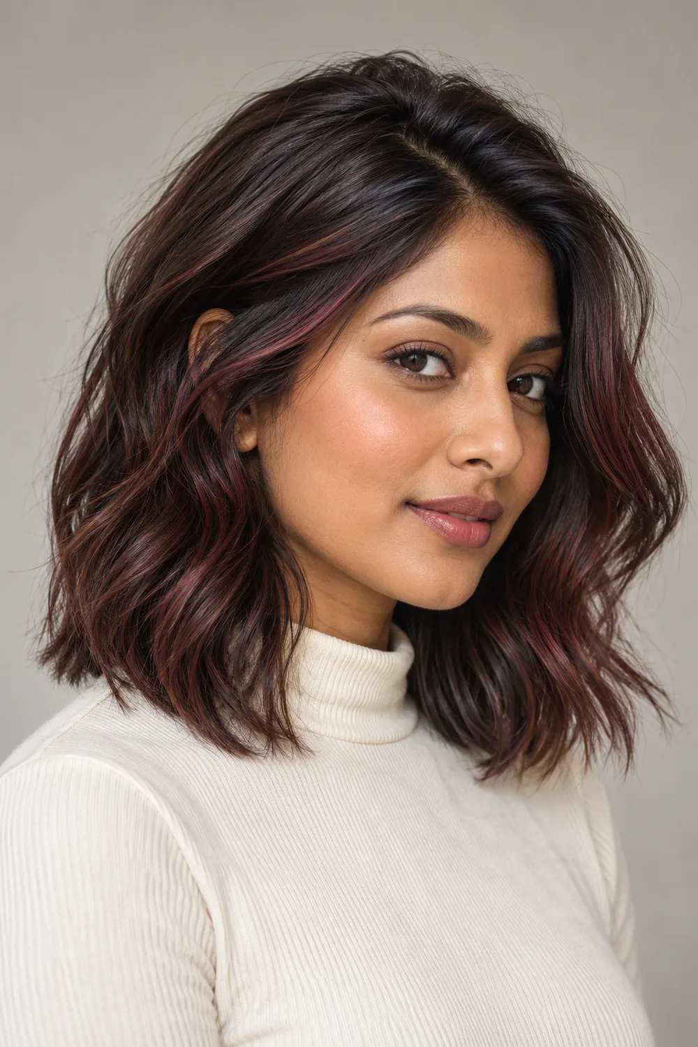A woman with dark espresso mahogany-brown collarbone waves and fine red-violet ribbons framing her face.