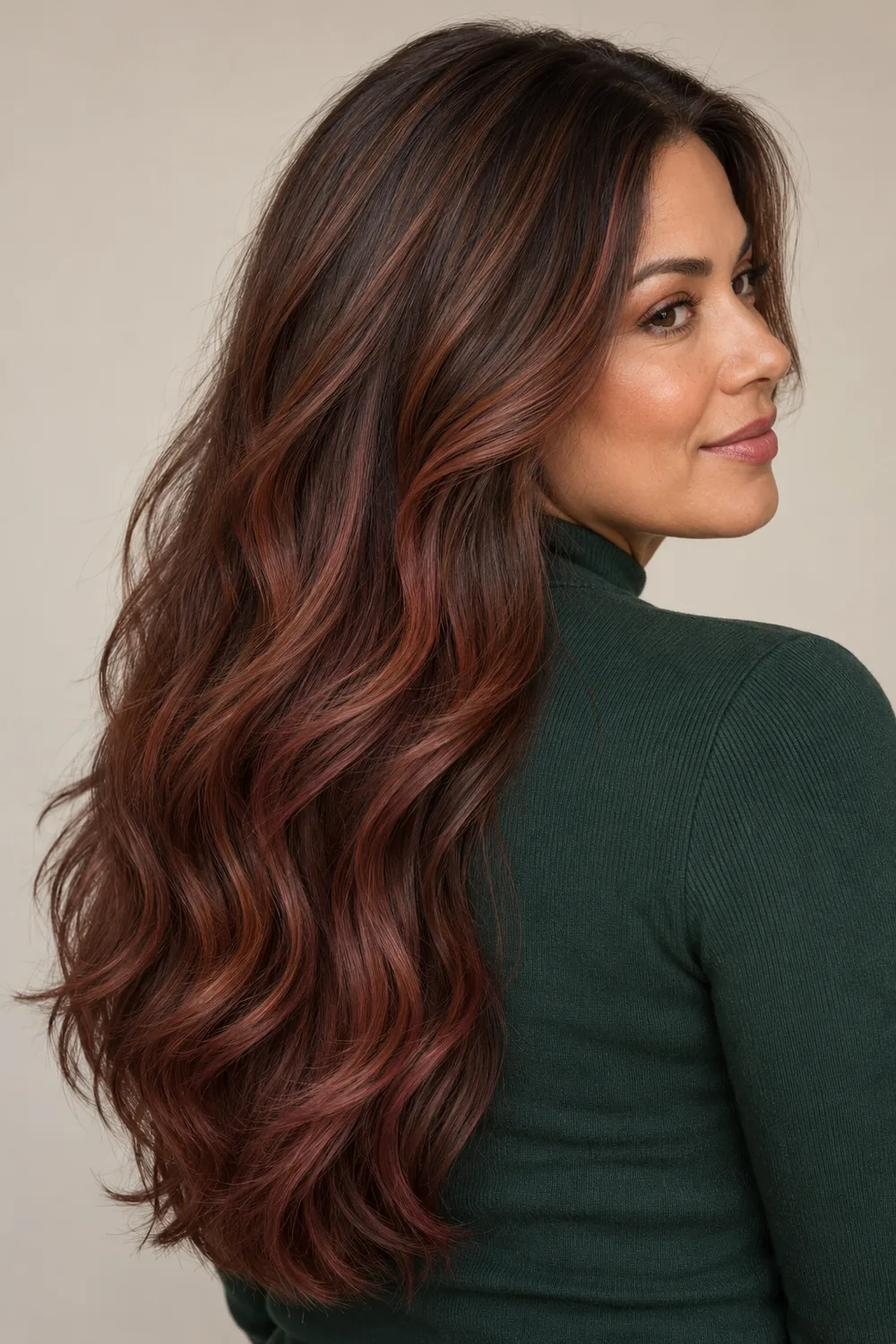 A woman in a forest-green high-neck top with long, layered mahogany brown waves and broad muted auburn-red-violet balayage panels, shown from a rear three-quarter angle.