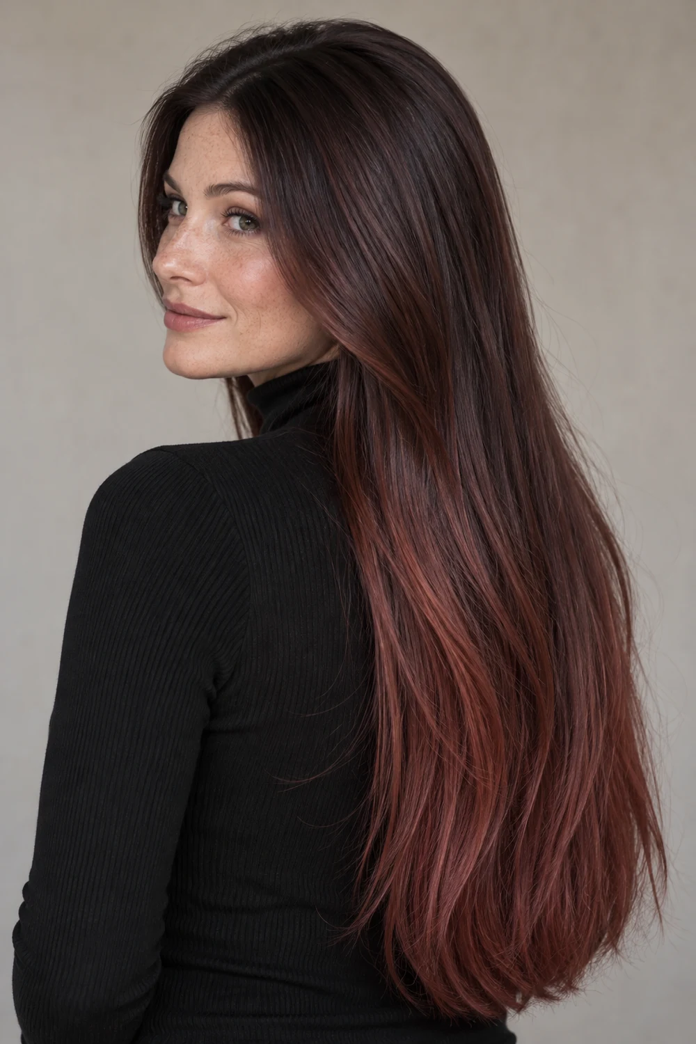 A freckled adult woman in a black high-neck top turns slightly to show long straight mahogany brunette hair, darkest at the roots and softly blending into copper-red-violet ends.