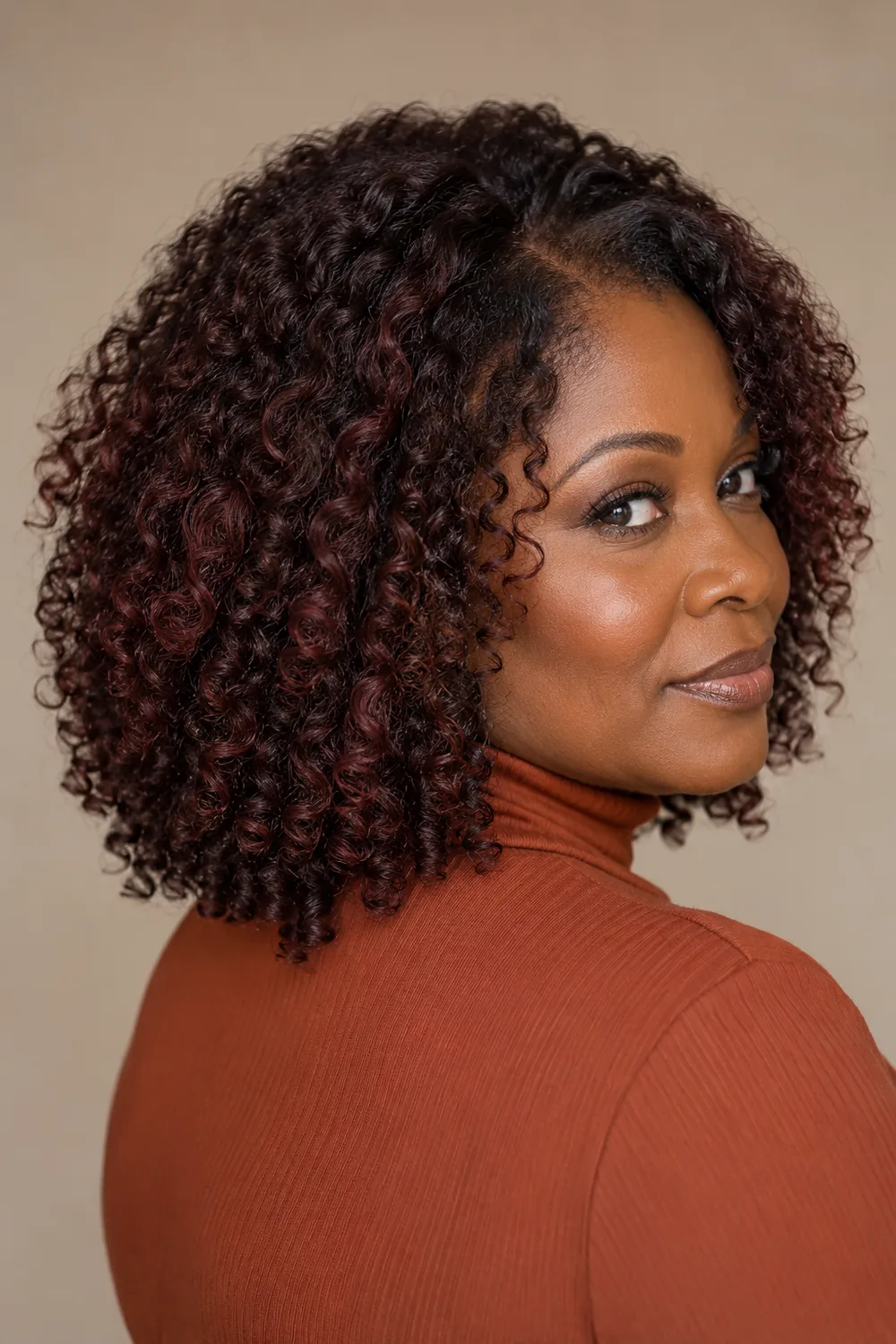 A dark-skinned adult woman in a rust high-neck top, photographed in three-quarter view with shoulder-length defined mahogany-brown curls and subtle burgundy lowlights.