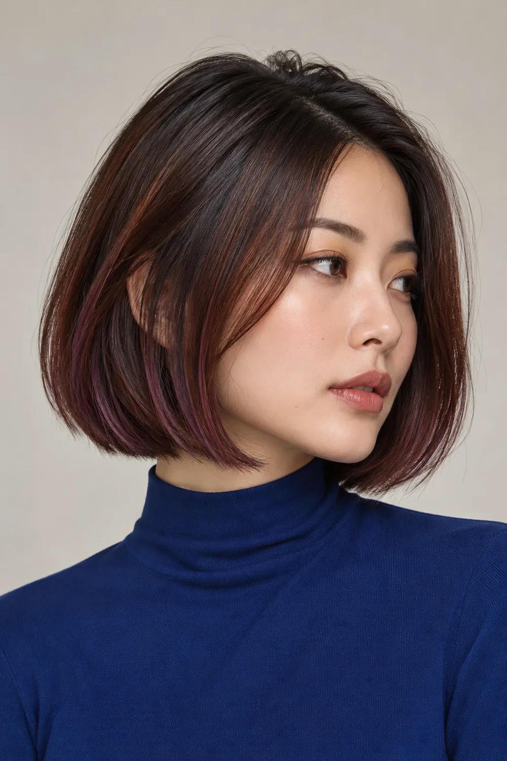 Three-quarter portrait of an adult East Asian woman with a jaw-length blunt bob, dark roots melting into mahogany brown with subtle red-violet accents near the ends.