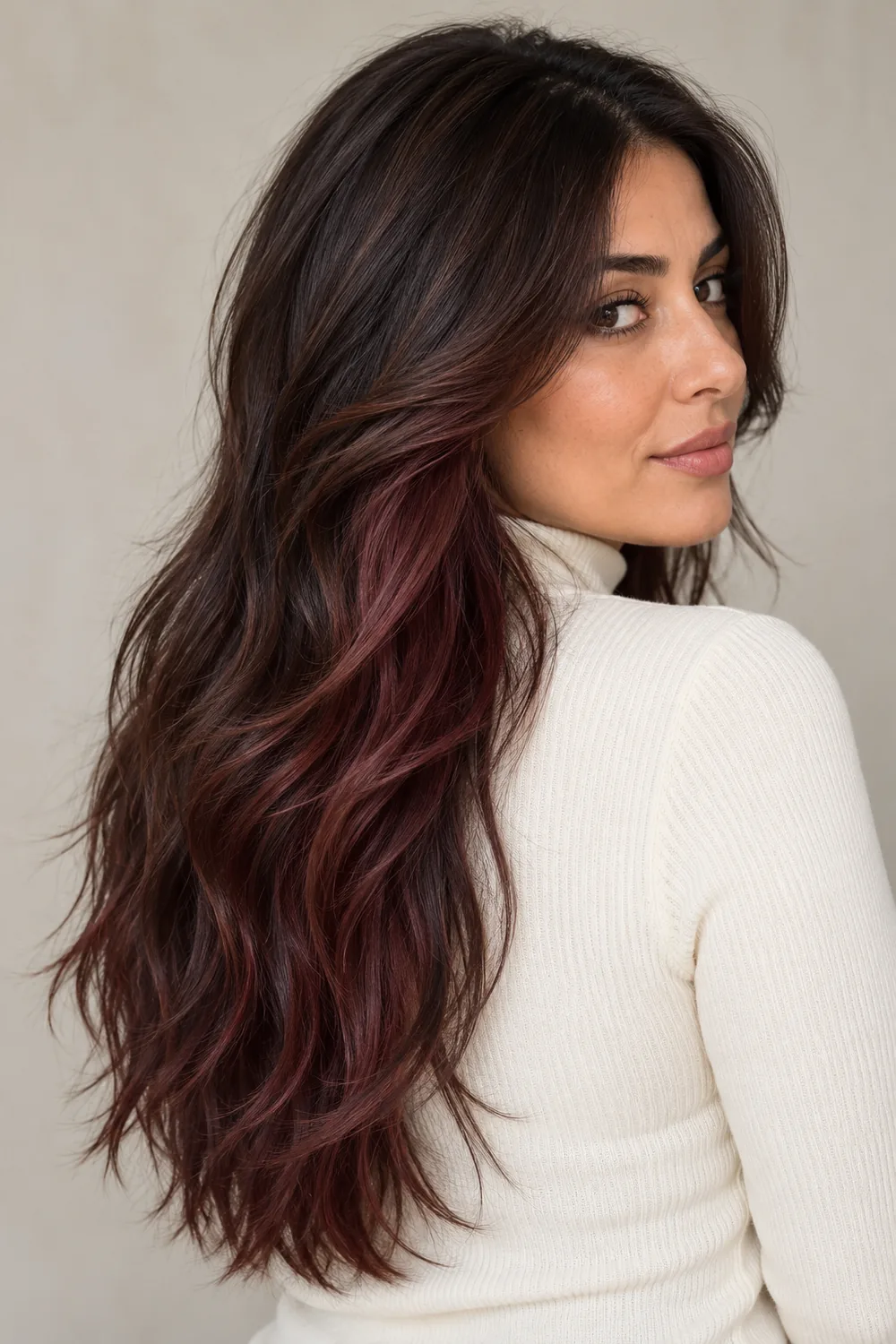 Long, layered mahogany brunette hair with broad red-violet brown panels through the side and lower sections, shown in a three-quarter portrait.