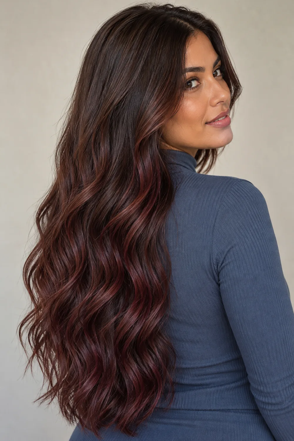 A woman with long loose mahogany brown waves, showing soft red-violet balayage along the outer bends against a neutral background.