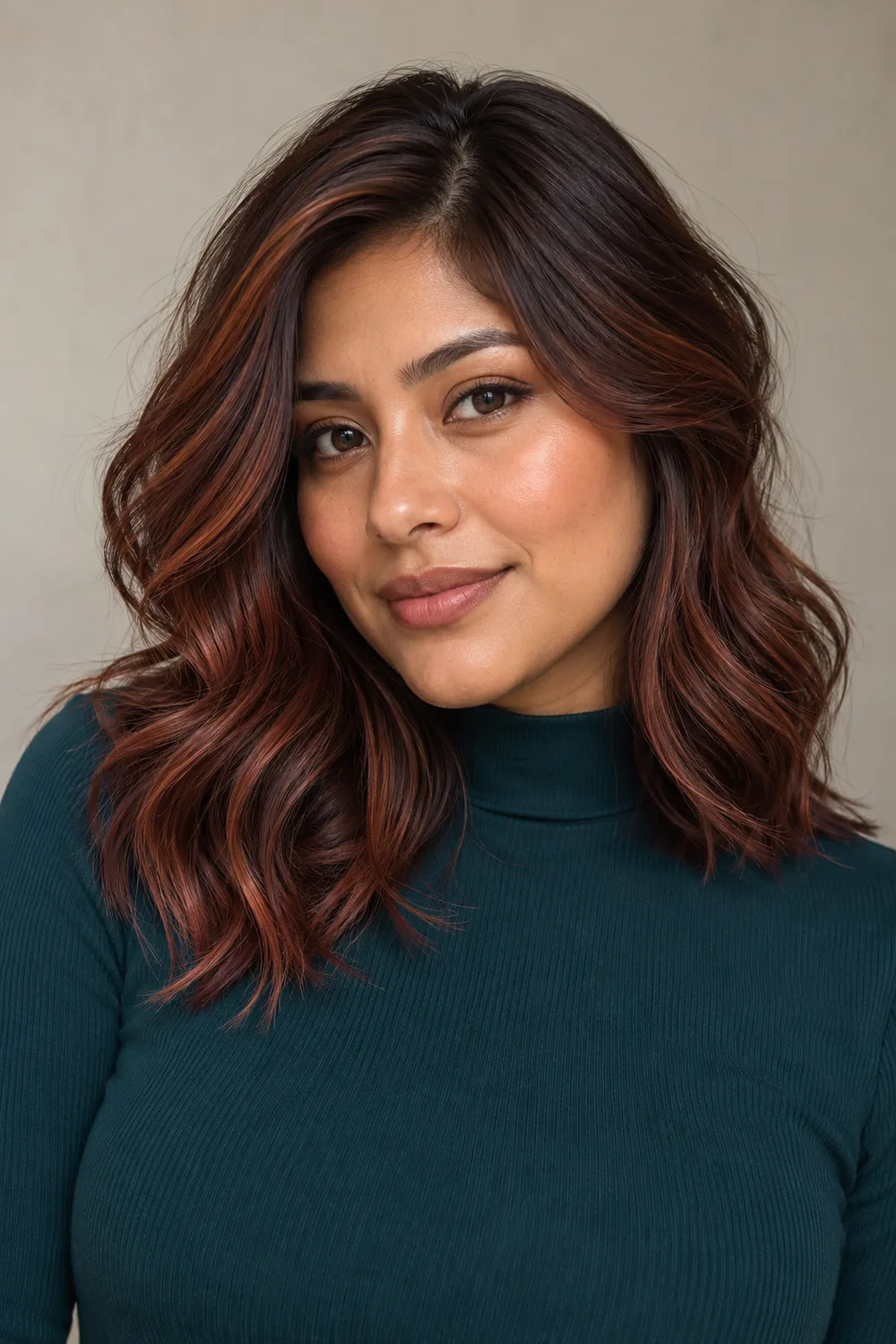 A woman with shoulder-grazing chestnut mahogany waves, fine copper highlights, and a soft dark brunette root shadow, wearing a deep teal high-neck top.