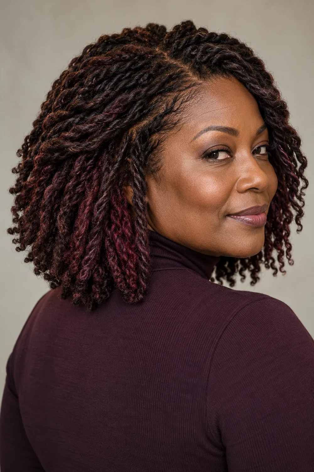 A woman with shoulder-length dark mahogany twists and visible red-violet tones through the lower sections, wearing a plum high-neck top.