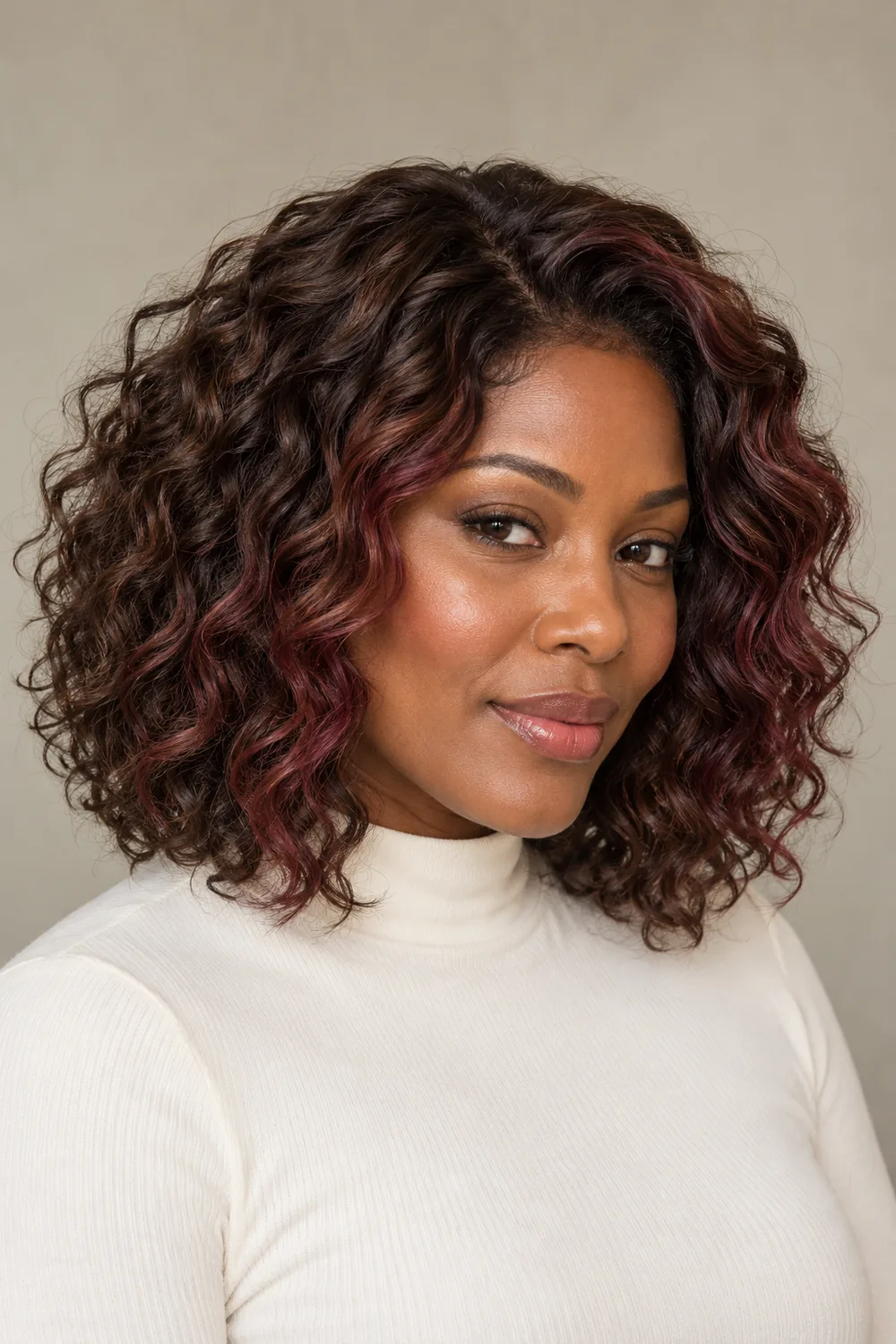 Adult woman with a curly mahogany brown lob and muted red-violet ribbons framing her face.